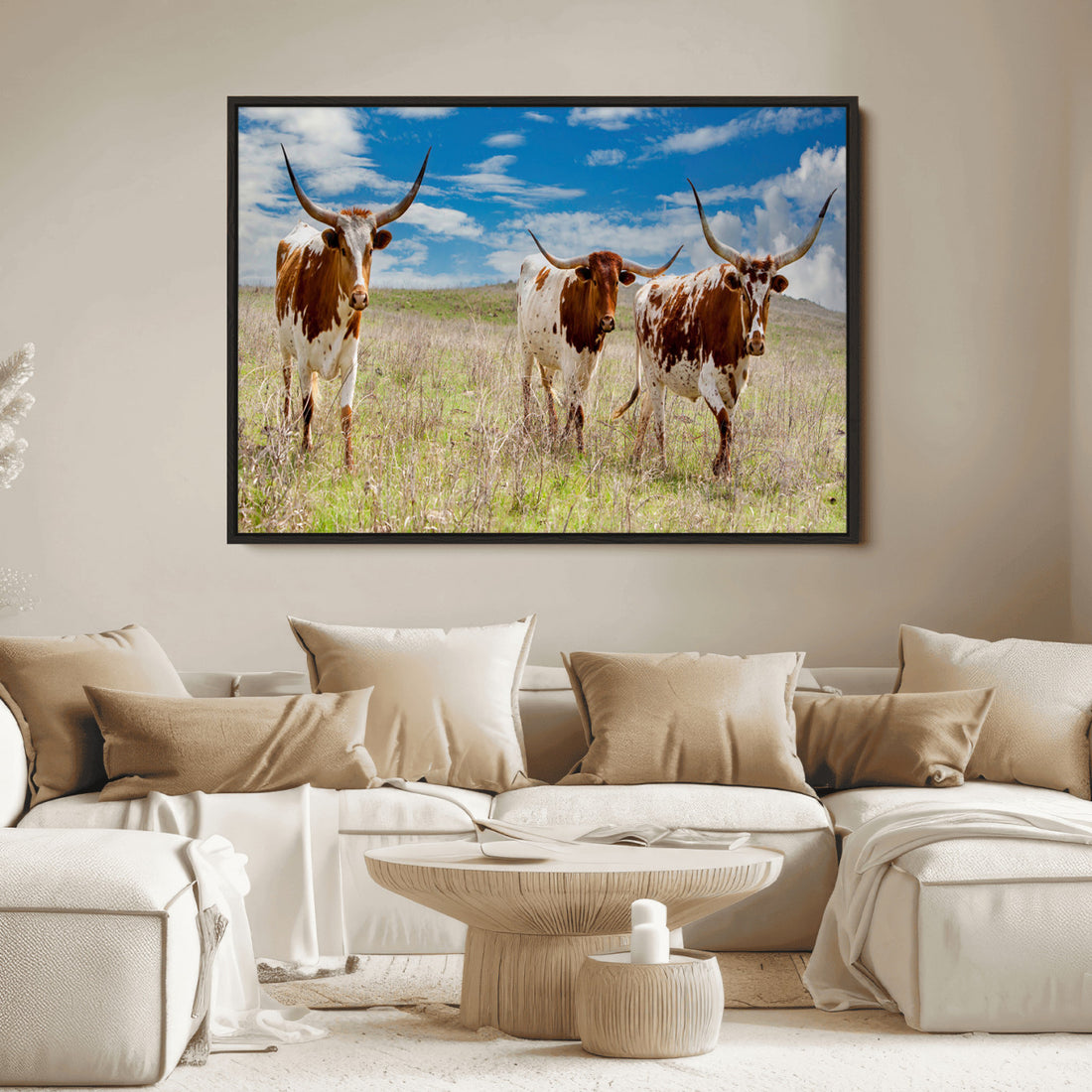 Texas Longhorn Wall Art Canvas Print, Framed Western Decor, Rustic Farmhouse Artwork