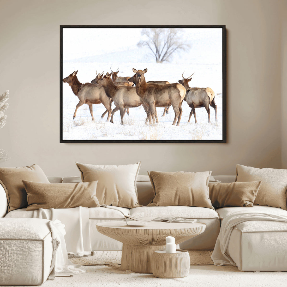 Winter Elk Scene Wall Art Canvas Print, Framed Wildlife Photography, Snowy Rustic Lodge Decor