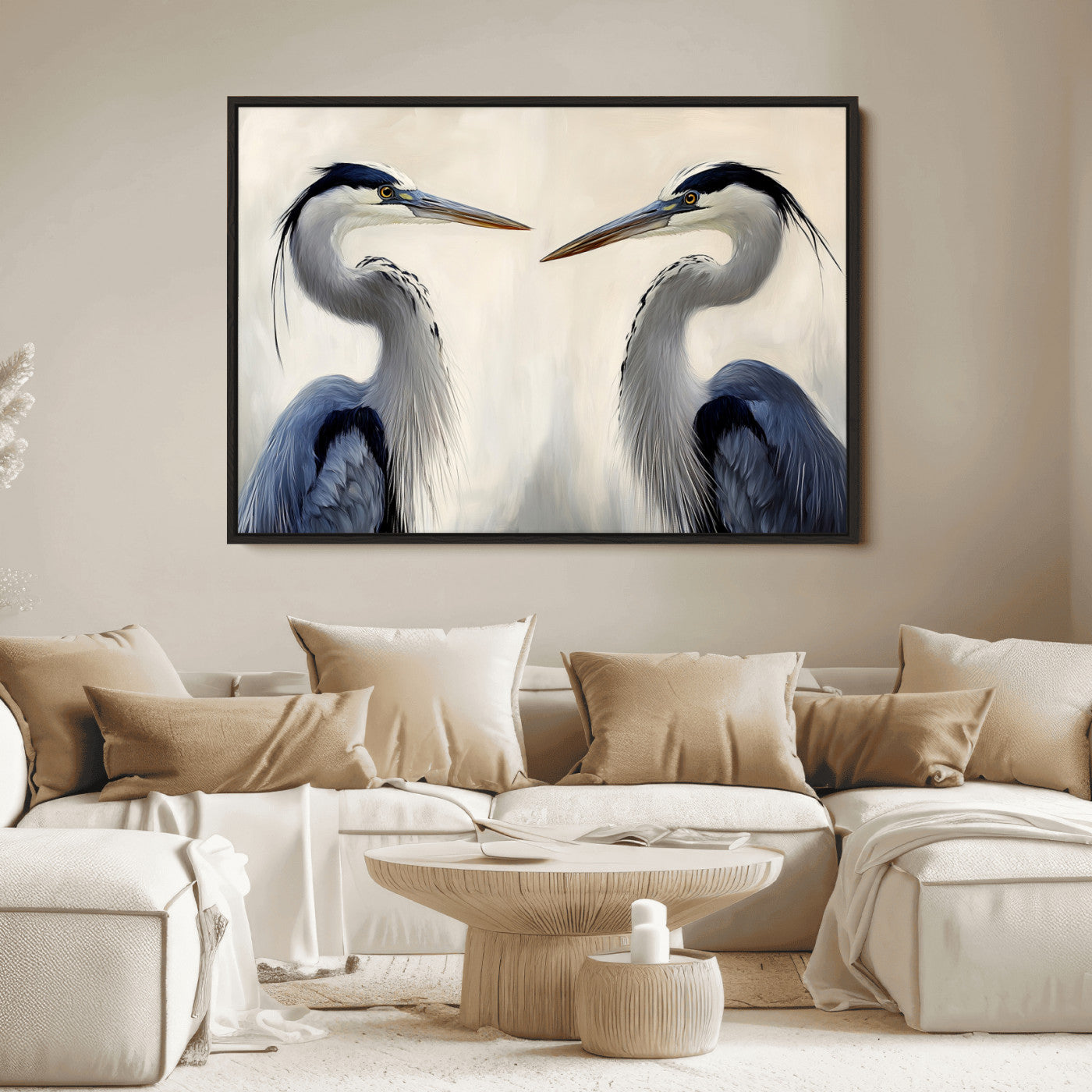 Two blue herons facing each other on a soft neutral background, ideal for coastal, tranquil, or nature-inspired minimalist interiors.