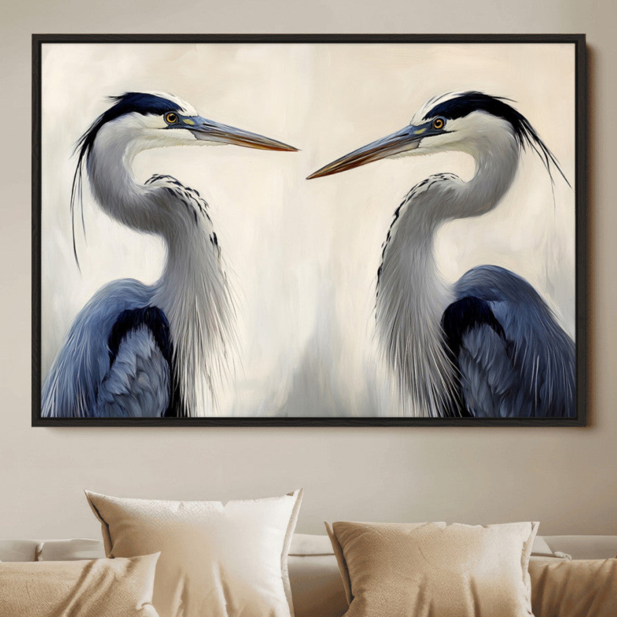Two blue herons facing each other on a soft neutral background, ideal for coastal, tranquil, or nature-inspired minimalist interiors.
