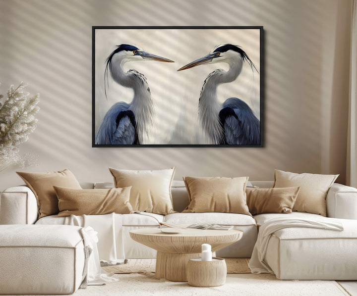 Blue Heron Pair Art Canvas Print, Coastal Bird Theme Print, Framed Tranquil Wildlife Scene Art Print, Large Nature Inspired Decor