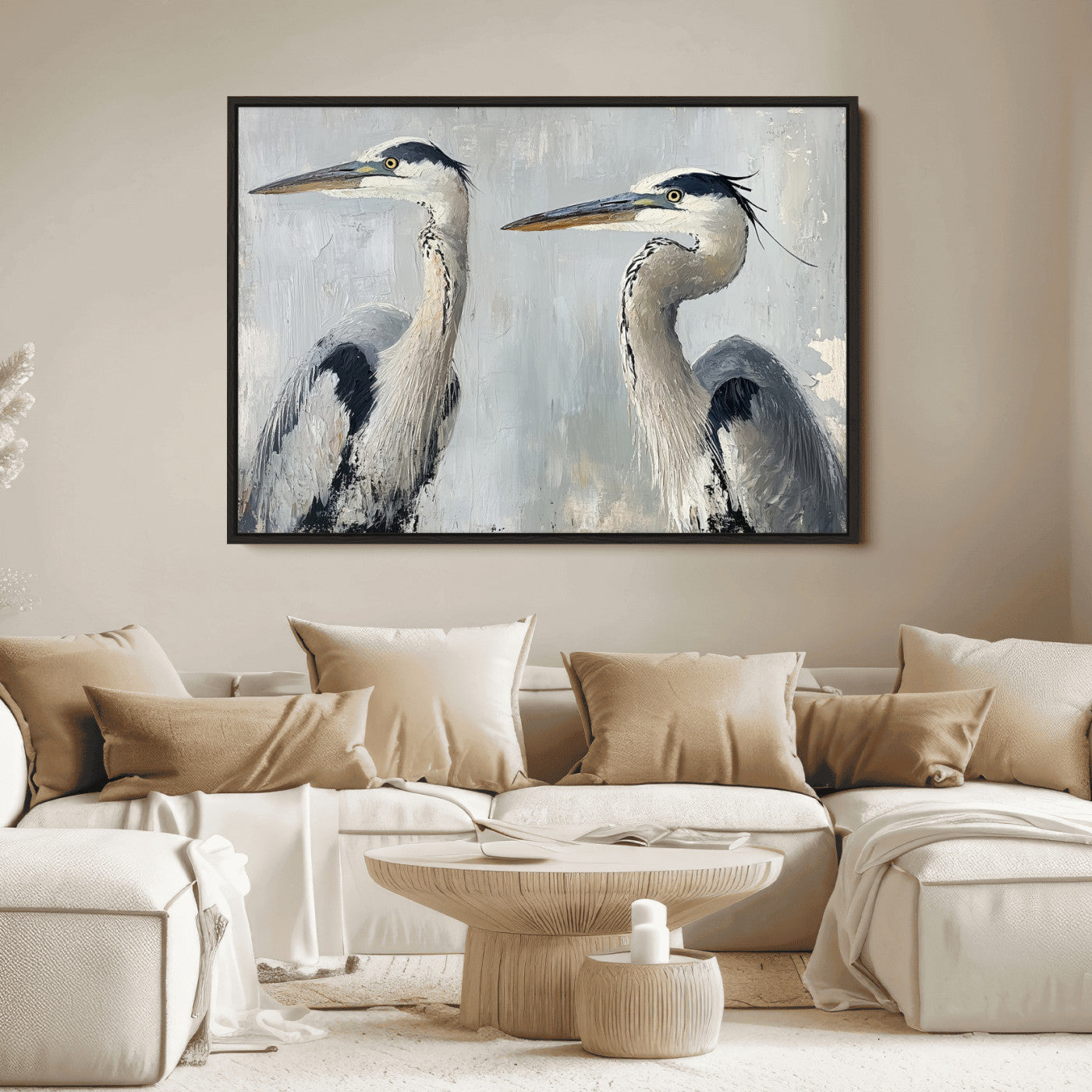 Two elegant herons in profile with soft brush strokes and blue-grey tones, ideal for serene, coastal, or minimalist interior decor.