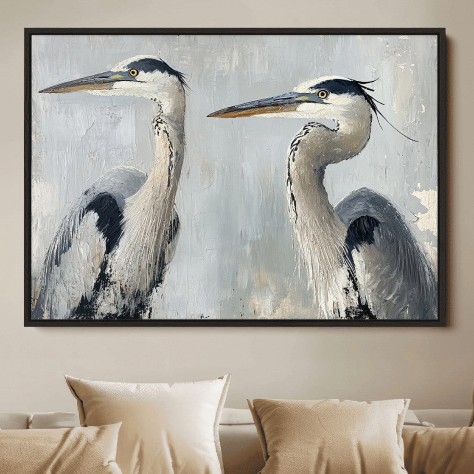 Two elegant herons in profile with soft brush strokes and blue-grey tones, ideal for serene, coastal, or minimalist interior decor.