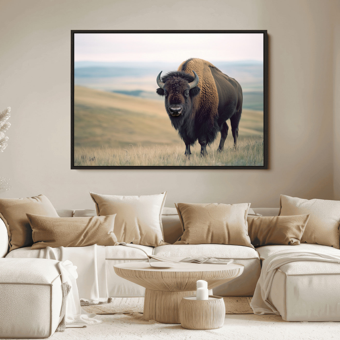 A bison standing strong on a grassy prairie with rolling hills in the background, perfect for rustic and Western-inspired wall decor.