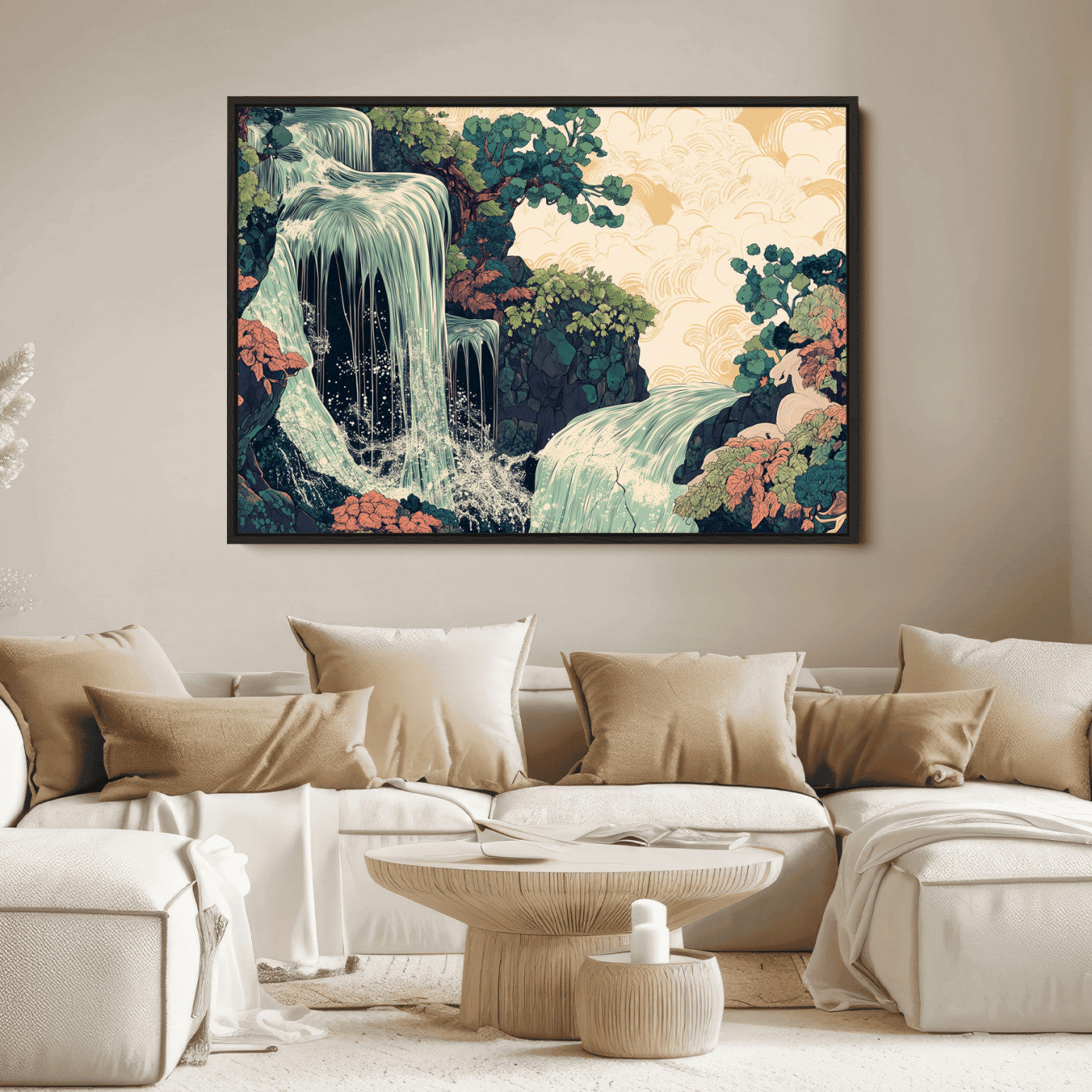 Stylized waterfall flowing through rocky terrain and lush foliage in an oriental art style, ideal for peaceful and nature-themed interiors.