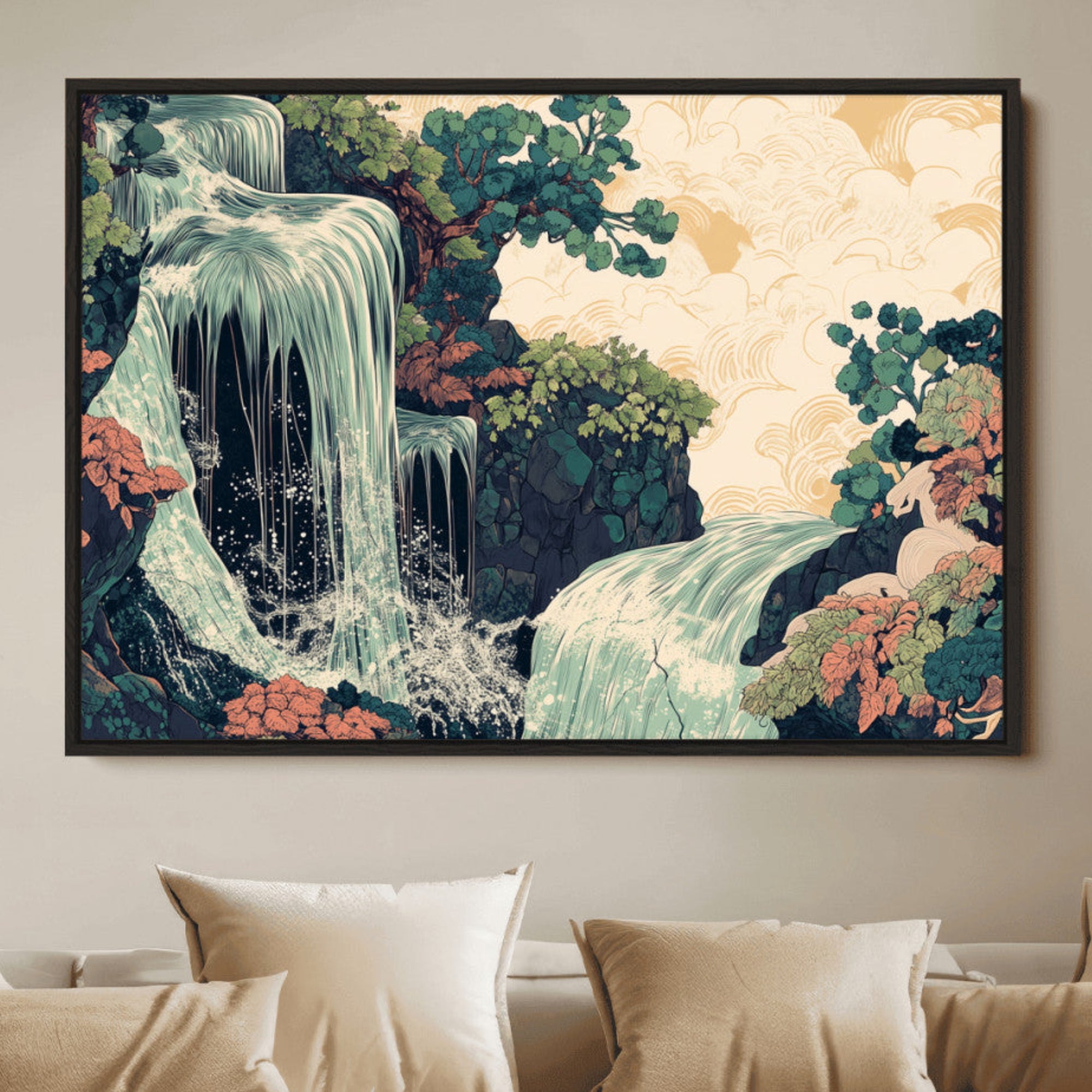Stylized waterfall flowing through rocky terrain and lush foliage in an oriental art style, ideal for peaceful and nature-themed interiors.