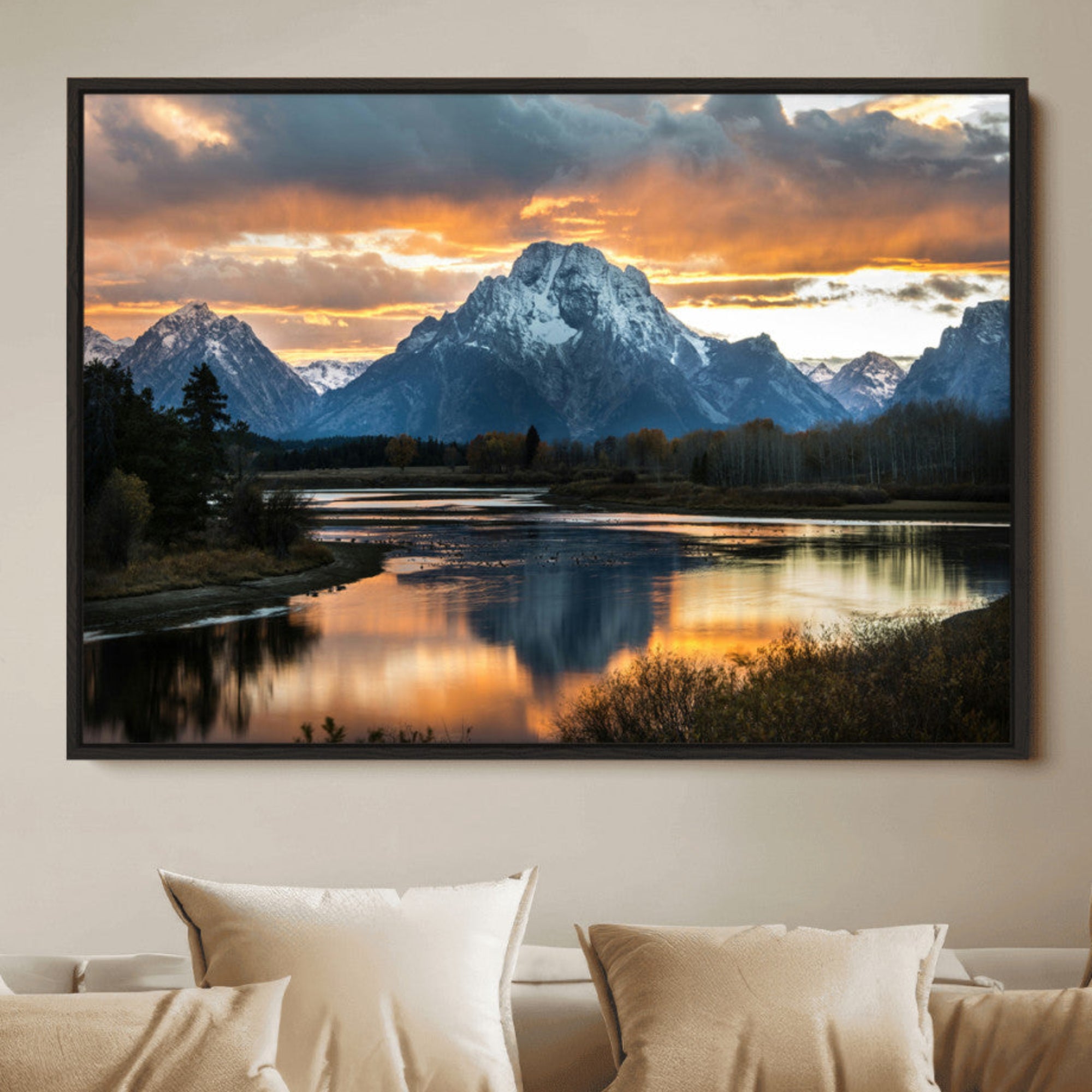 14130176-MGV-FC-36X24_Black-Mountain Sunset Wall Art Canvas Print – Framed Alpine Wilderness Art Picture Golden Hour Artwork for Home Office