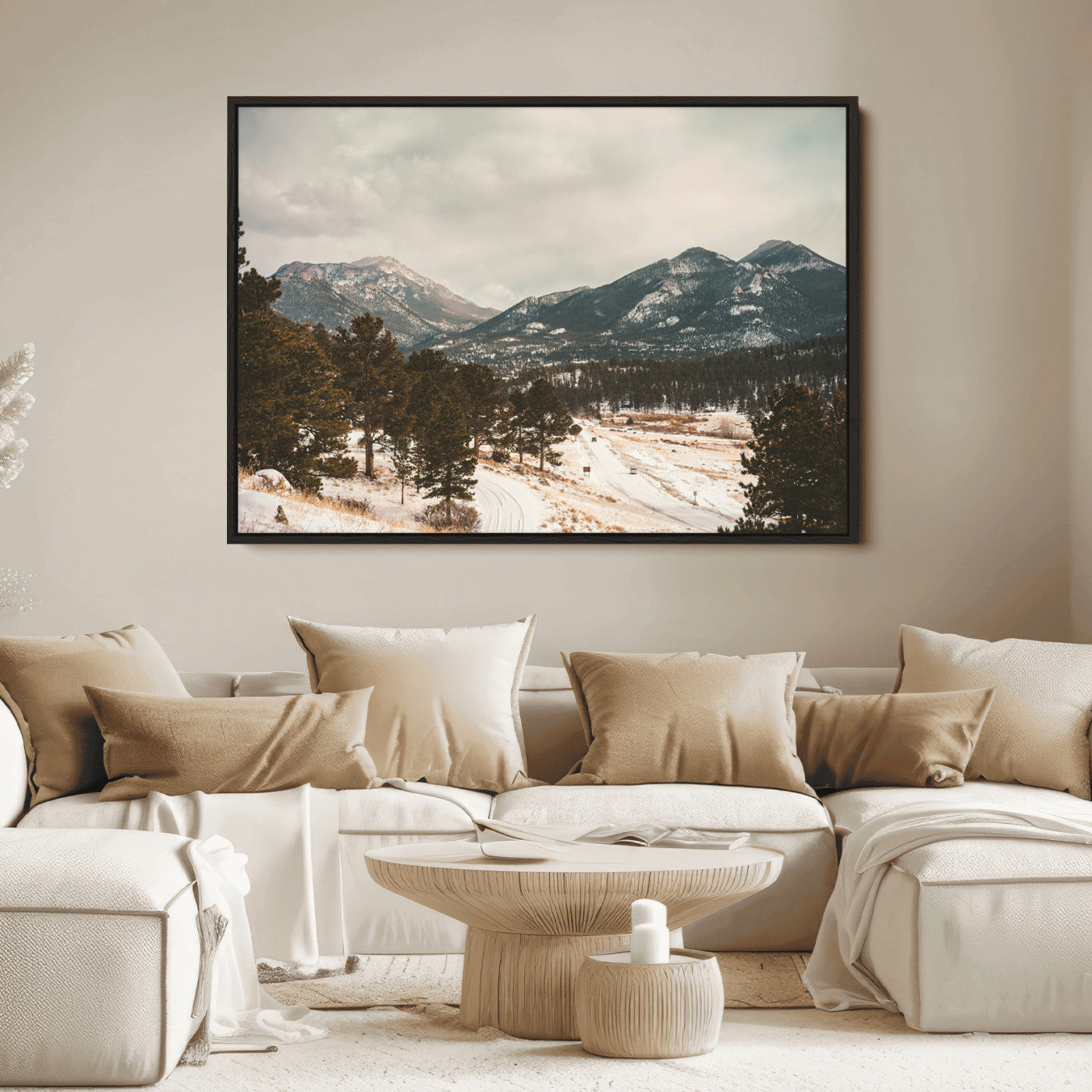 Snow-covered mountains with pine trees and a winding path, creating a serene and rustic winter landscape perfect for cozy decor.