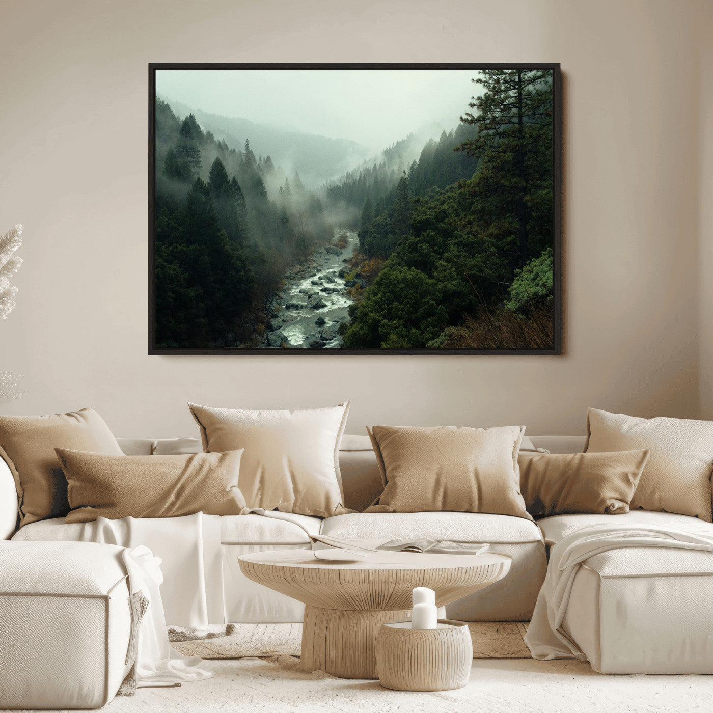 Misty forest with a winding river flowing through lush green mountains, creating a tranquil and moody wilderness landscape.