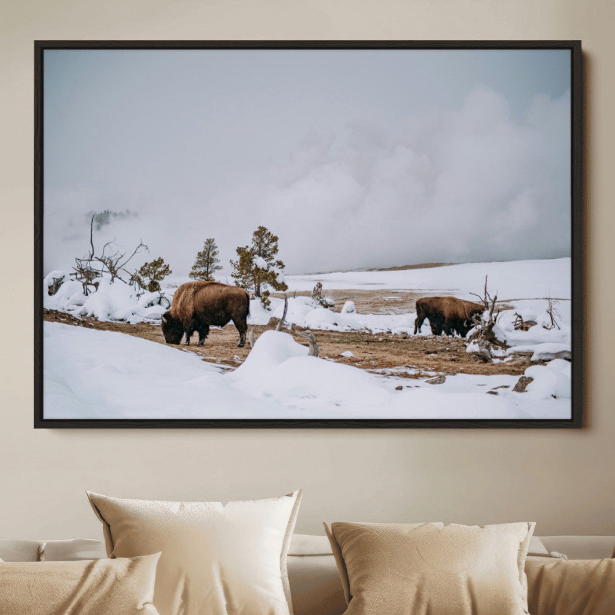 Two bison grazing in a snowy open landscape with misty hills in the background, creating a peaceful and rustic winter scene.