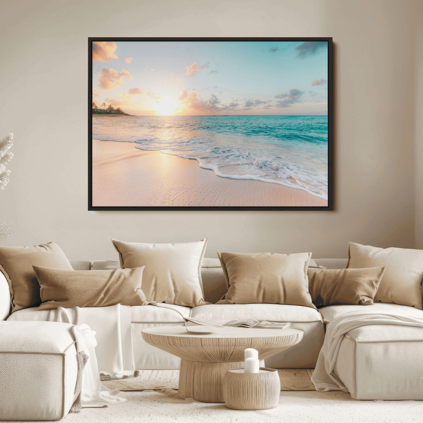 Golden sunset over a tropical beach with gentle ocean waves and soft white sand, creating a peaceful and relaxing coastal scene.