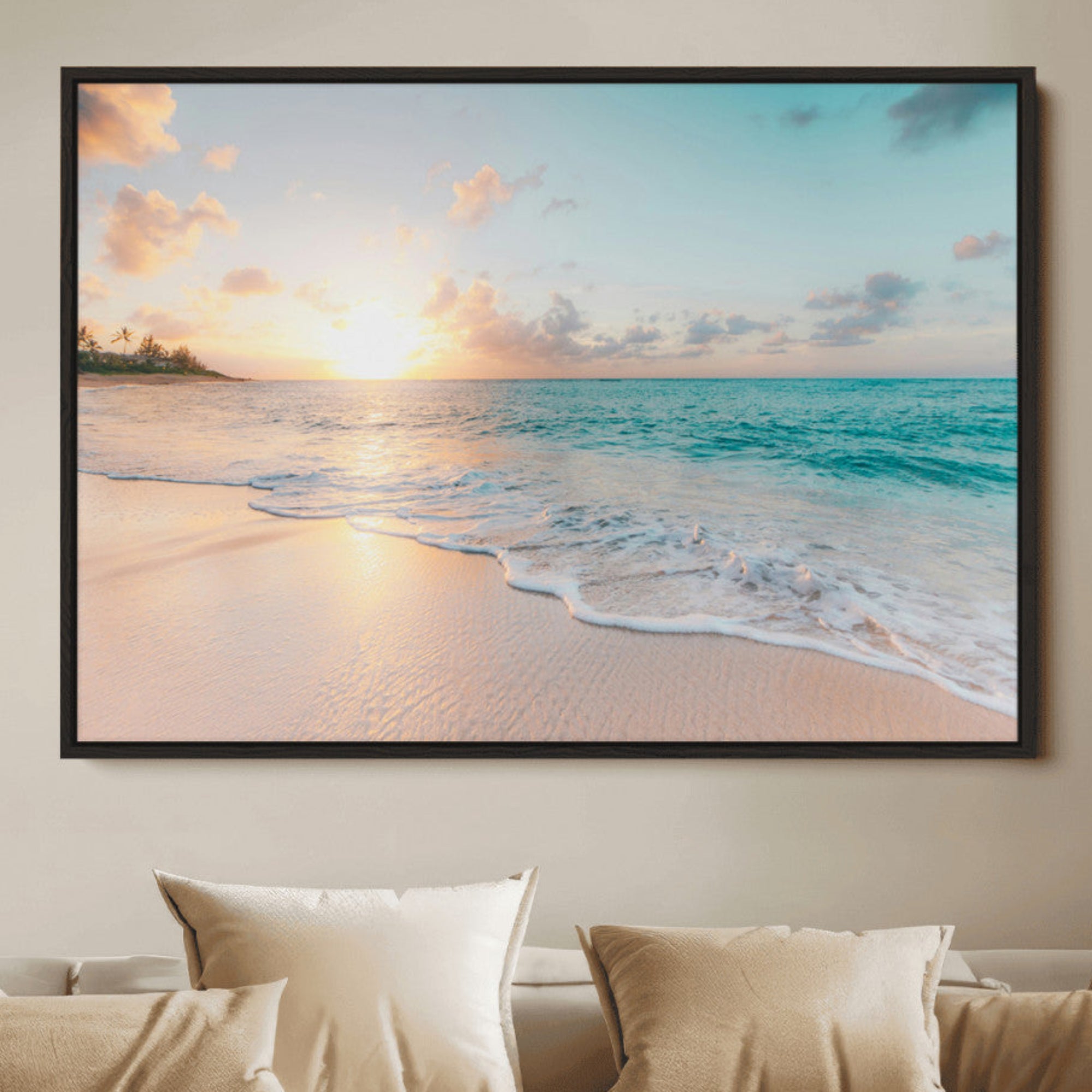 94538225-MGV-FC-36X24_Black-Beach Sunset Wall Art Canvas Print, Framed Ocean Waves Art Picture Print, Summer Escape Perfect