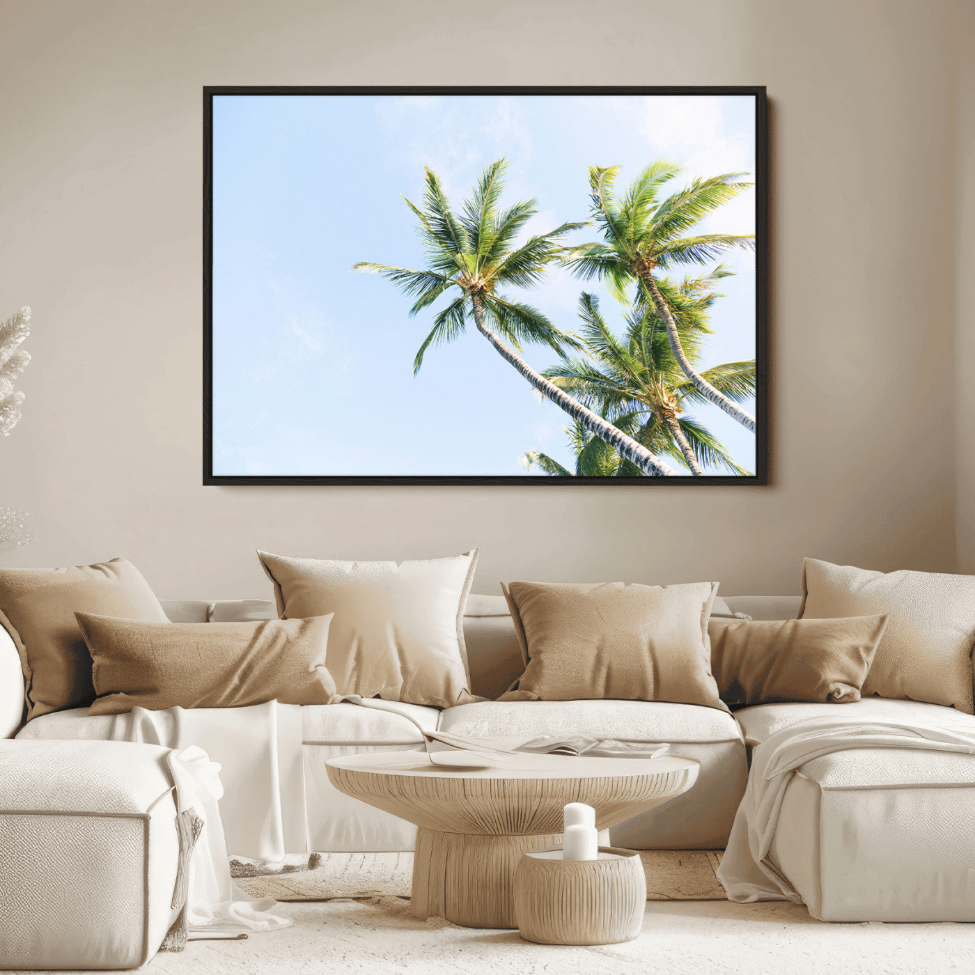 Tall palm trees swaying under a bright blue sky, capturing a tropical and minimalist beach vibe, perfect for coastal-inspired wall art.