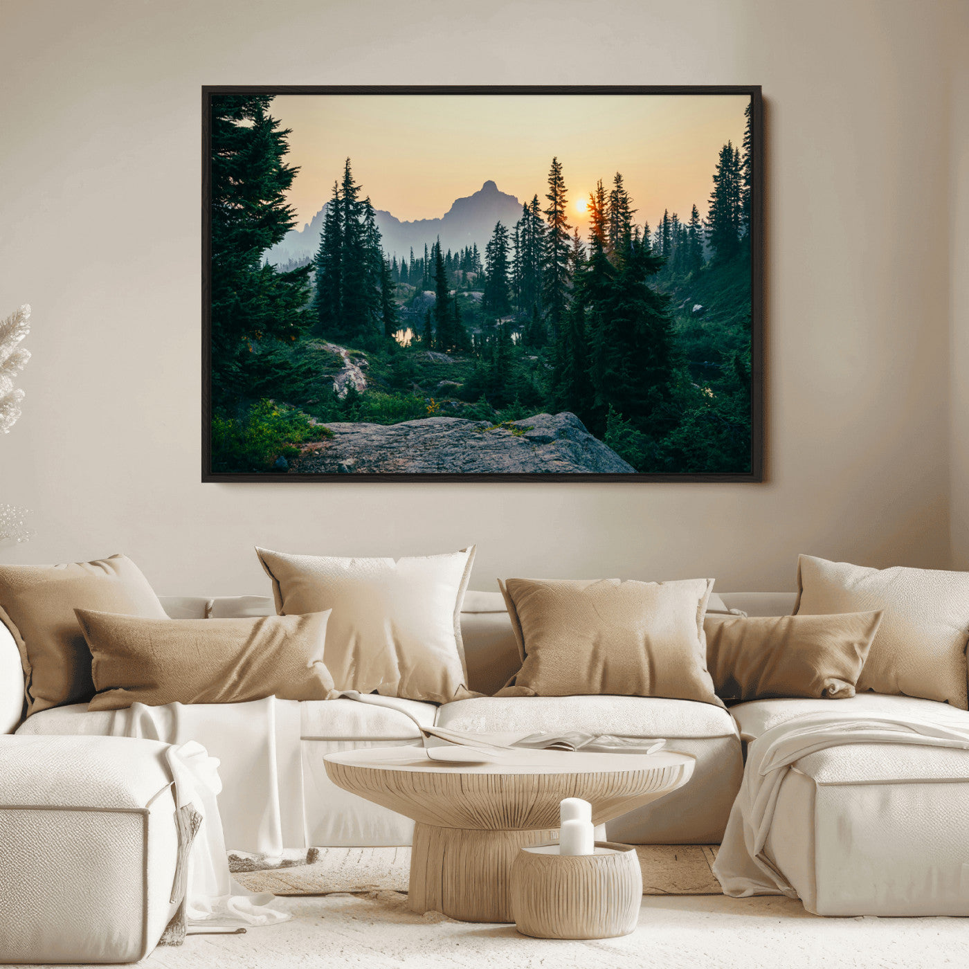 Mountain landscape with evergreen trees at sunset, casting a golden glow over the wilderness, creating a peaceful and rustic nature scene.