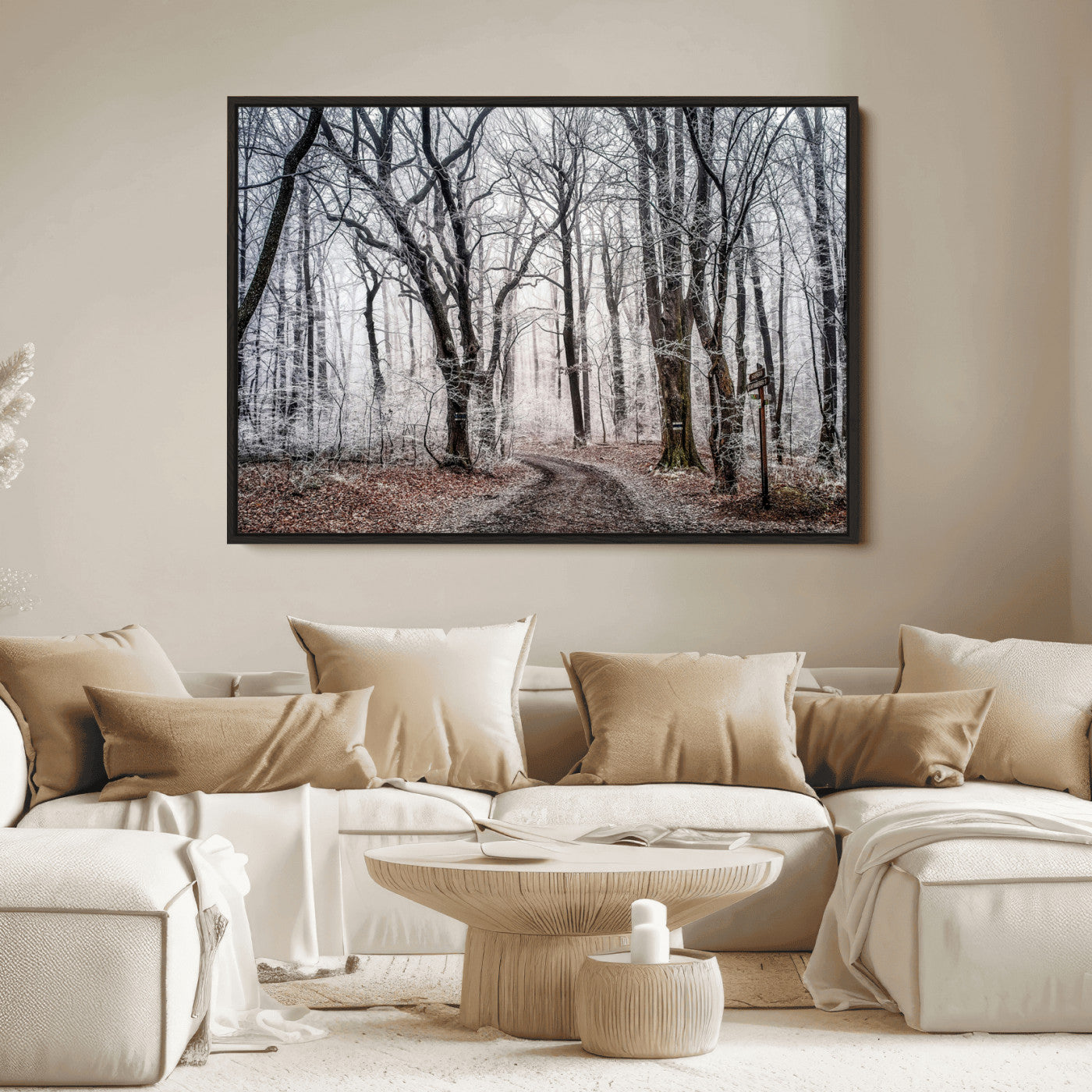 Snow-covered trees in a misty winter forest with a winding path, creating a serene and mysterious atmosphere, perfect for nature-inspired wall art.