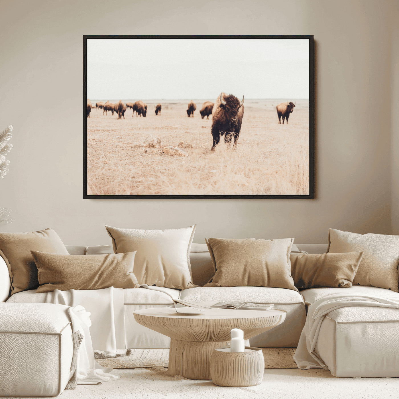 Herd of bison roaming a vast prairie with golden grass under a soft sky, creating a rustic and Western landscape, ideal for wall art.