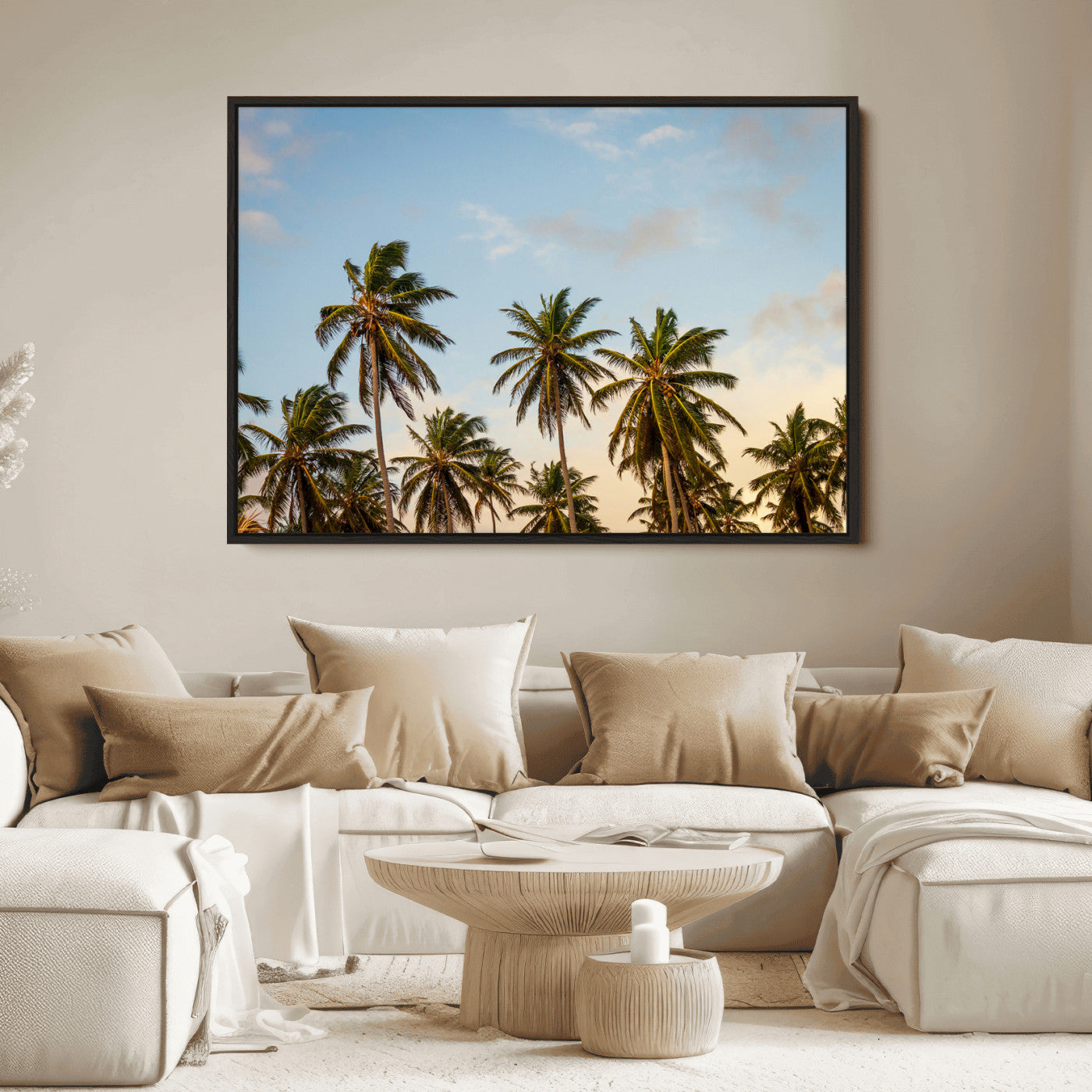 Tall palm trees swaying under a soft sunset sky, creating a tropical and relaxing atmosphere, perfect for coastal and beach-inspired wall art.