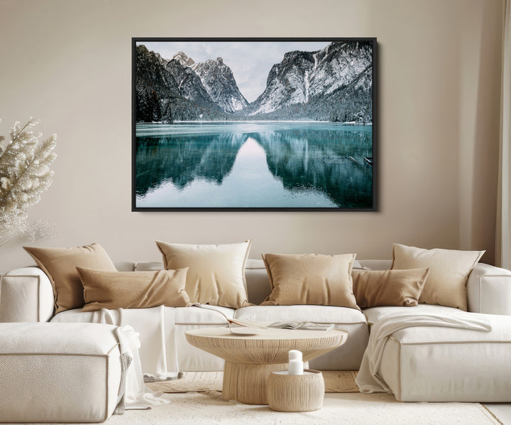 Mountain Lake Wall Art Canvas Print, Framed Winter Wonderland Art Picture Print, Snowy Peaks Perfect Modern Nature Decor Artwork