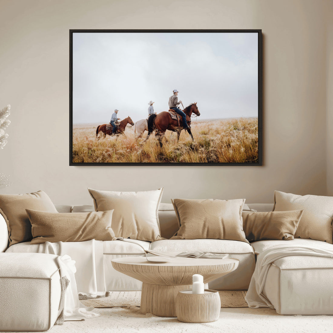 Western Cowboys Wall Art Canvas Print, Framed Horseback Riders on a Rustic Prairie