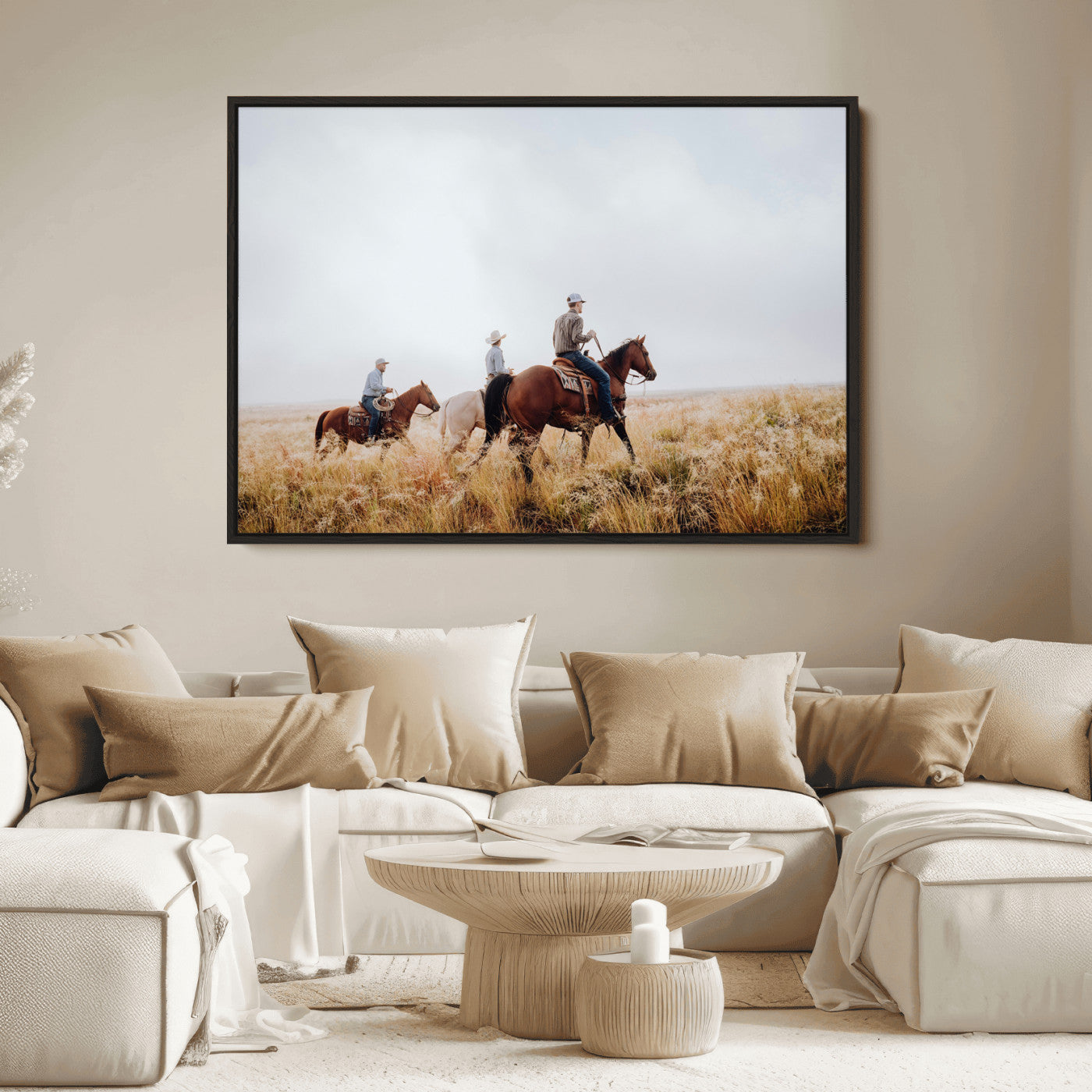 Three cowboys riding horses through a foggy prairie landscape, dressed in Western attire, evoking a rustic and adventurous Wild West aesthetic.
