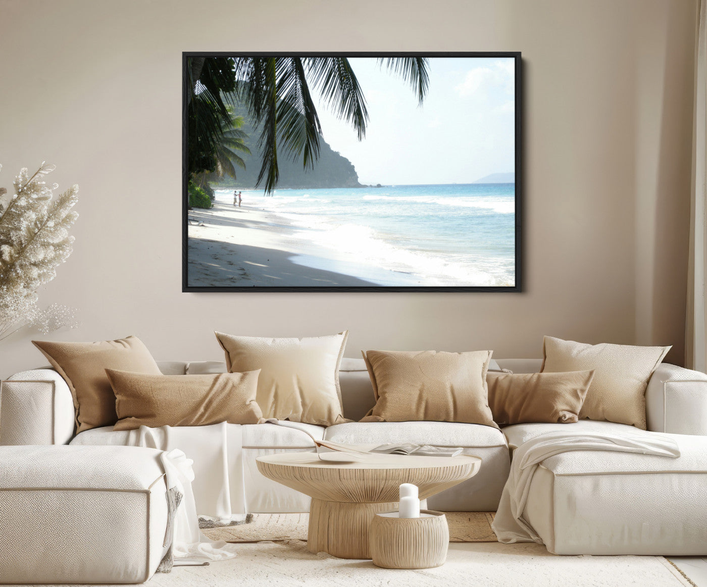 18311030-MGV-FC-36X24-Tropical Beach Wall Art Canvas Print – Framed Serene Ocean Scene Palm Tree Shadows Coastal Nature Artwork for Home Office