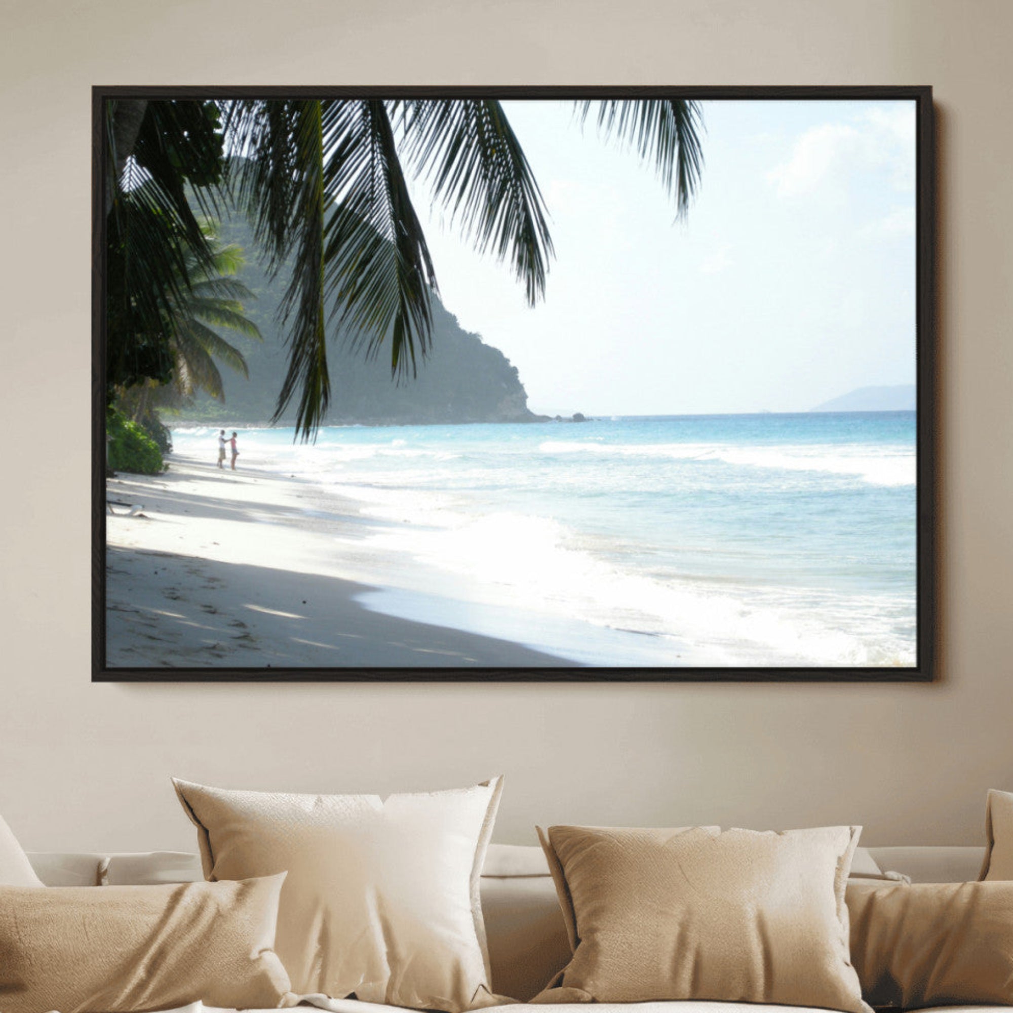 18311030-MGV-FC-36X24_Black-Tropical Beach Wall Art Canvas Print – Framed Serene Ocean with Palm Tree Shadows Scene Artwork for Home, Office
