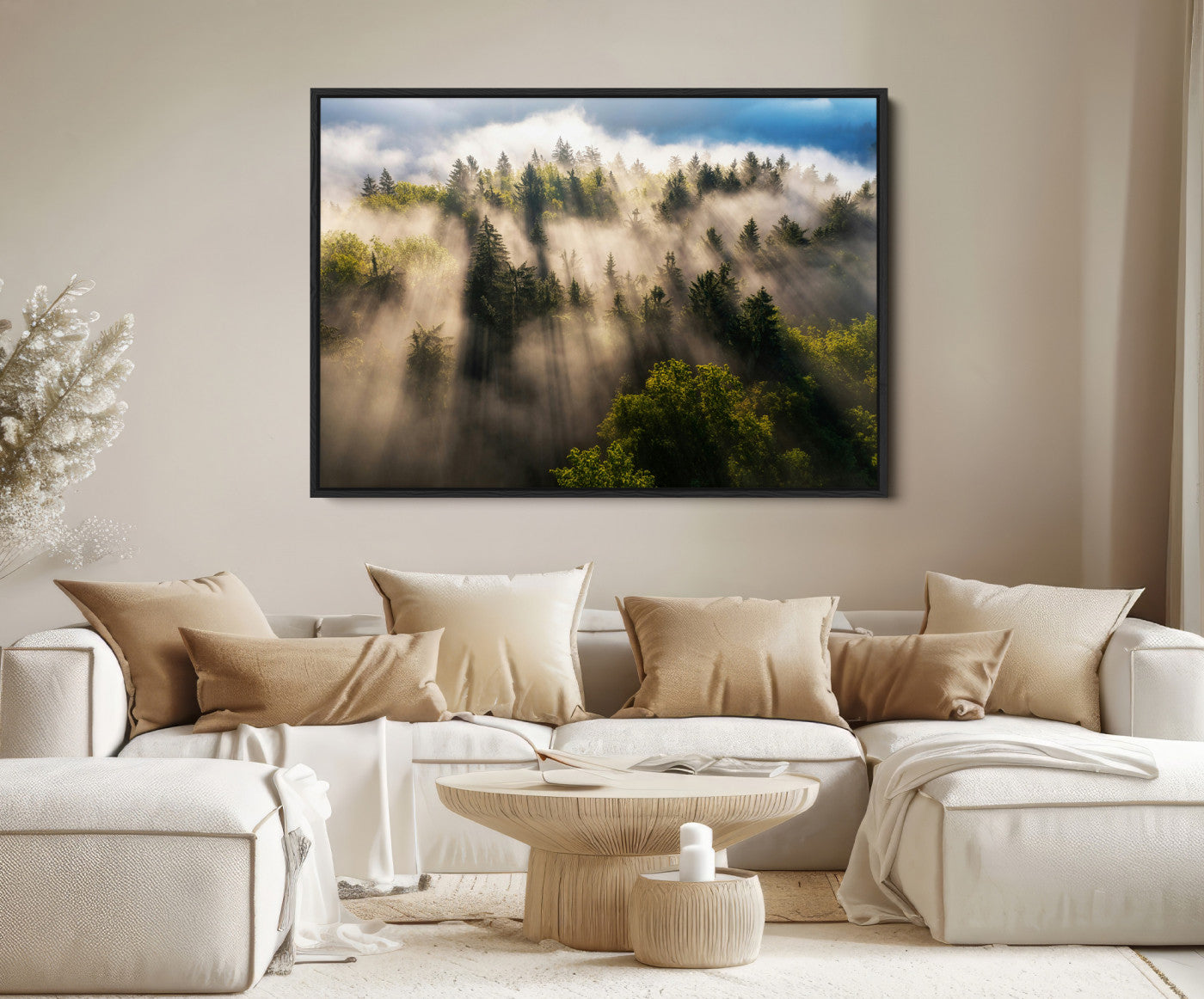 14785710-MGV-FC-36X24-Tranquil Forest Scene Wall Art Canvas Print – Framed Moody Sunbeam Through Trees Nature Artwork for Home Office