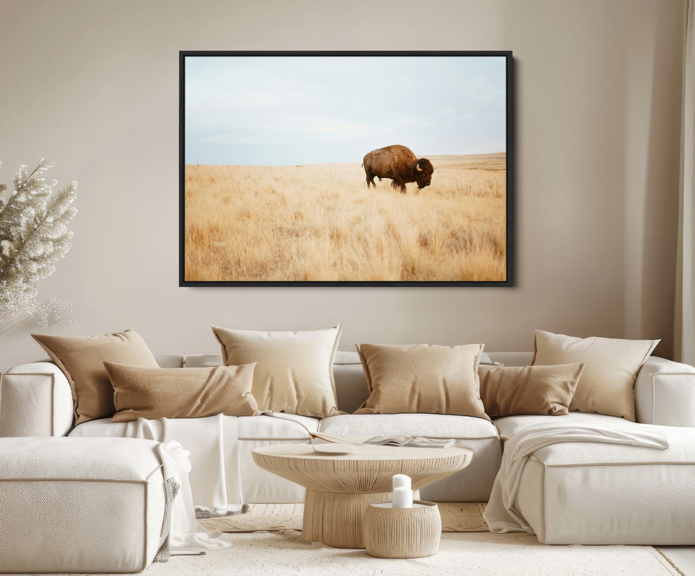 61392510-MGV-FC-36X24-Buffalo Wall Art Canvas Print – Framed Western Wildlife Rustic Prairie Scene Nature Artwork for Home Office
