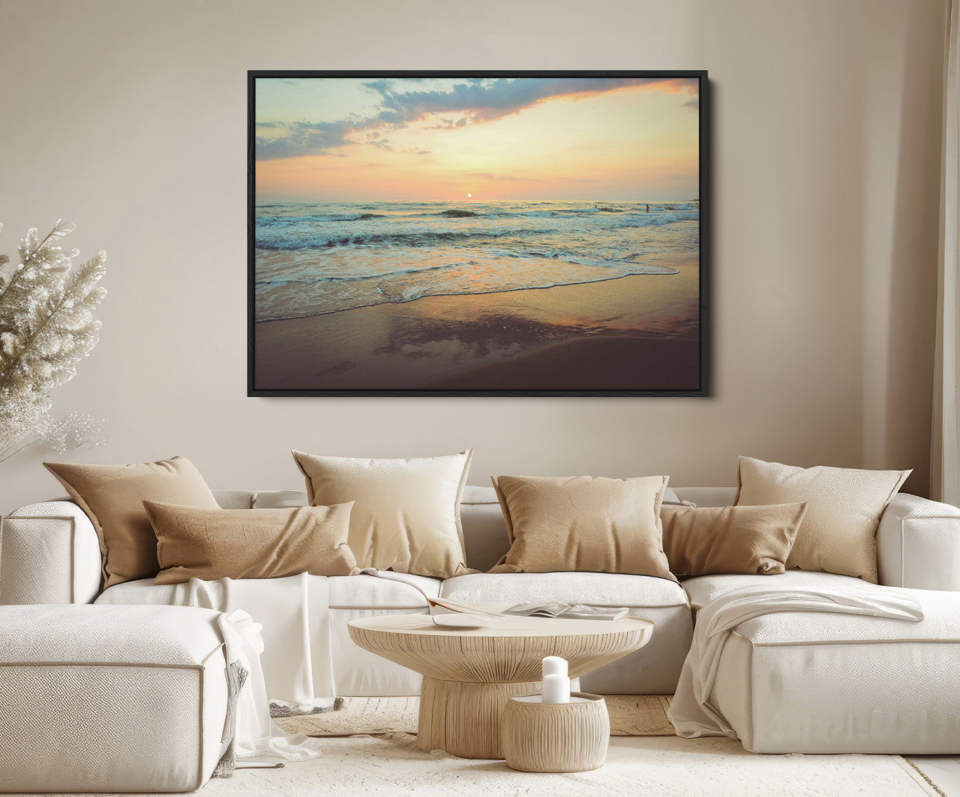 15261505-MGV-FC-36X24-Sunset Seascape Wall Art Canvas Print – Framed Pastel Ocean View Tranquil Beach Scene Nature Artwork for Home Office