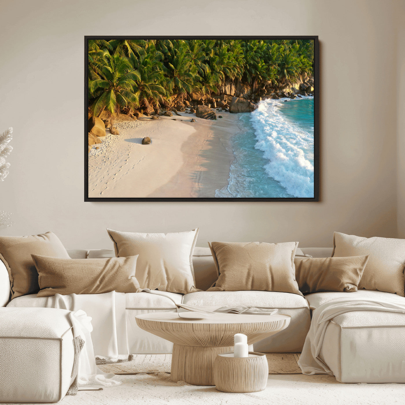 Tropical beach with golden sand, turquoise ocean waves, and lush palm trees, creating a serene coastal paradise for beach-themed decor.