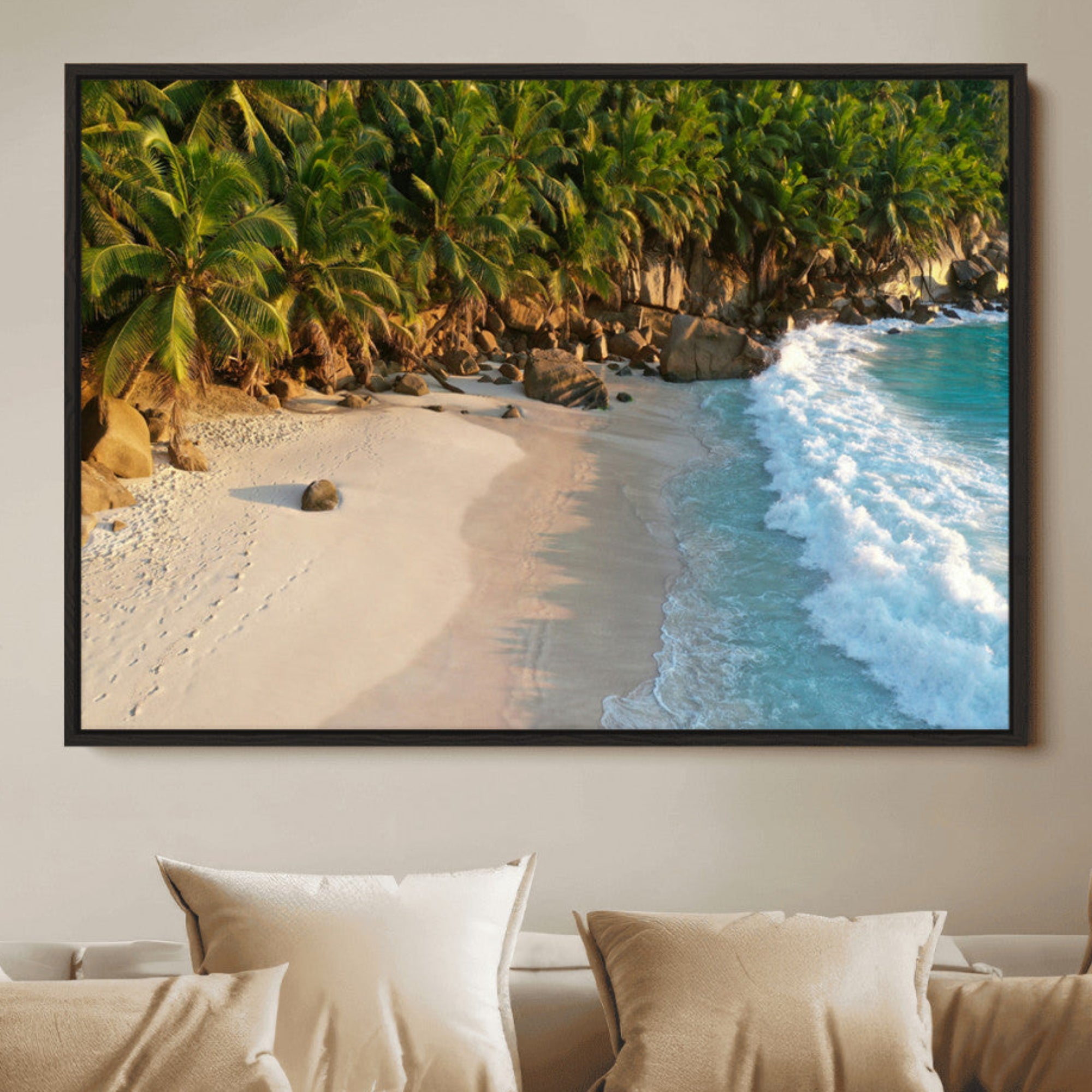 82312665-MGV-FC-36X24_Black-Tropical Beach Wall Art Canvas Print, Framed Ocean Waves and Palm Trees Under Golden Sunset Decor for Home, Office