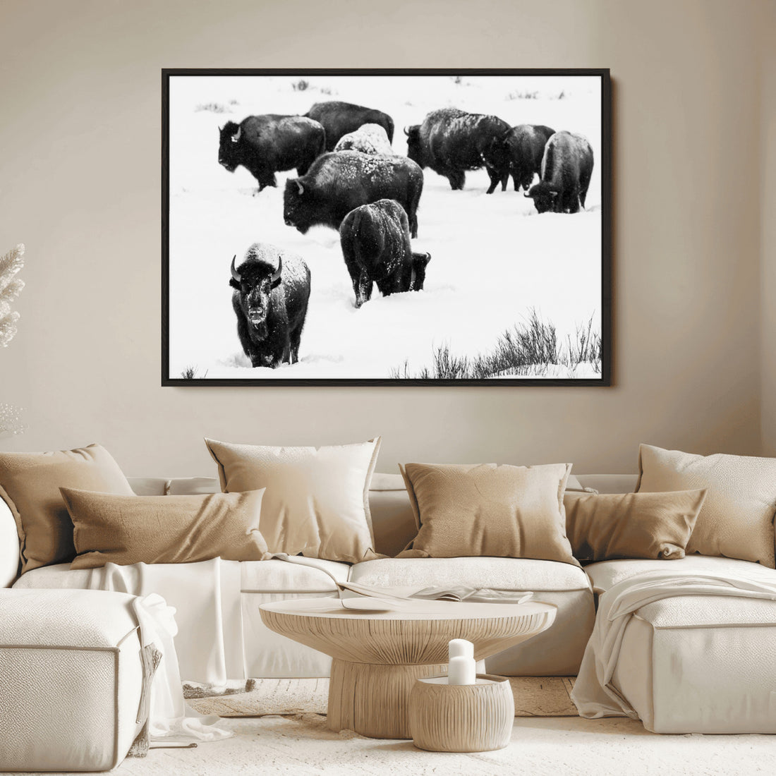 Buffalo Herd Wall Art Canvas Print, Framed Black and White Snowy Landscape