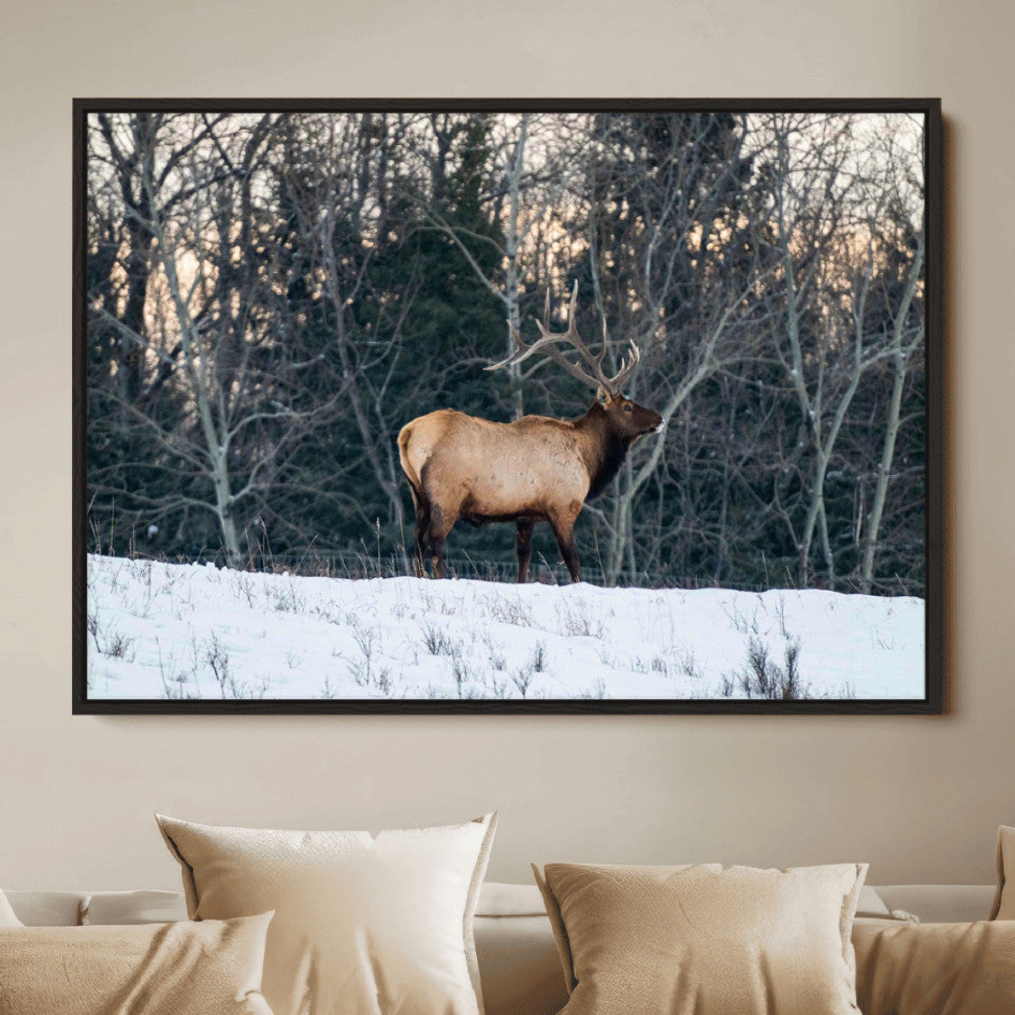 A majestic elk with large antlers standing in a snowy field against a winter forest backdrop, perfect for rustic and wildlife-themed home decor.
