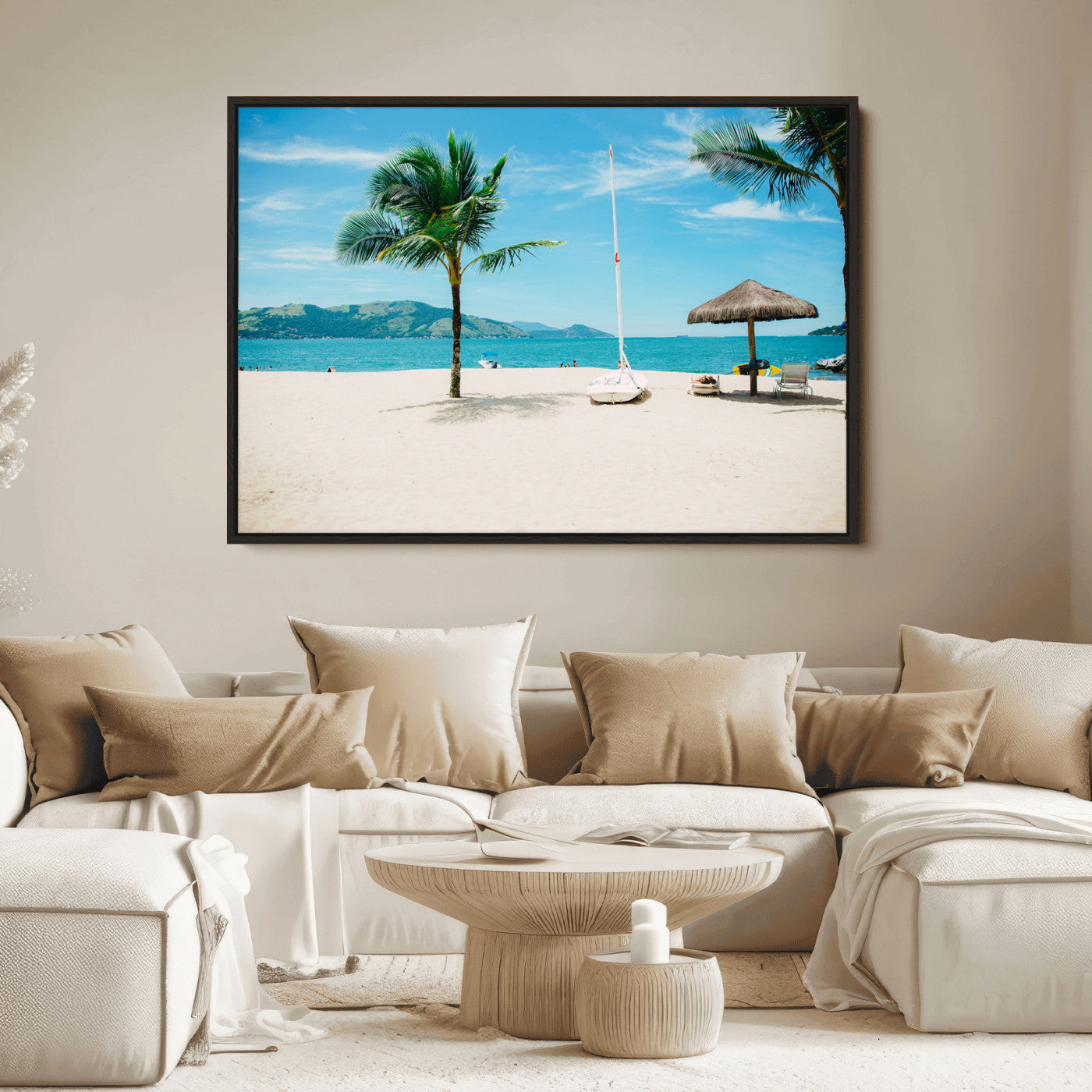 Tropical beach scene with palm trees, a white sailboat, and turquoise ocean waters under a bright blue sky, creating a peaceful summer vibe.