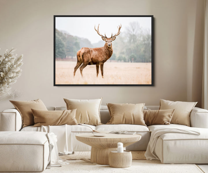 Vintage Wildlife Canvas Print, Framed Misty Landscape Art Picture Print, Deer Wall Art Perfect Rustic Wildlife Decor Artwork
