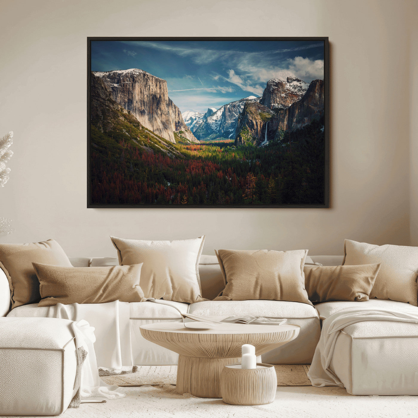 Framed canvas print of Yosemite National Park, featuring El Capitan and a scenic waterfall, ideal for rustic farmhouse or adventure-themed home decor.