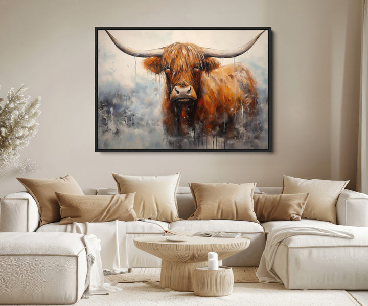 Scottish Highland Wall Art Canvas Print, Framed Longhorn Art Picture Print, Western Cow Perfect Farmhouse Decor Artwork