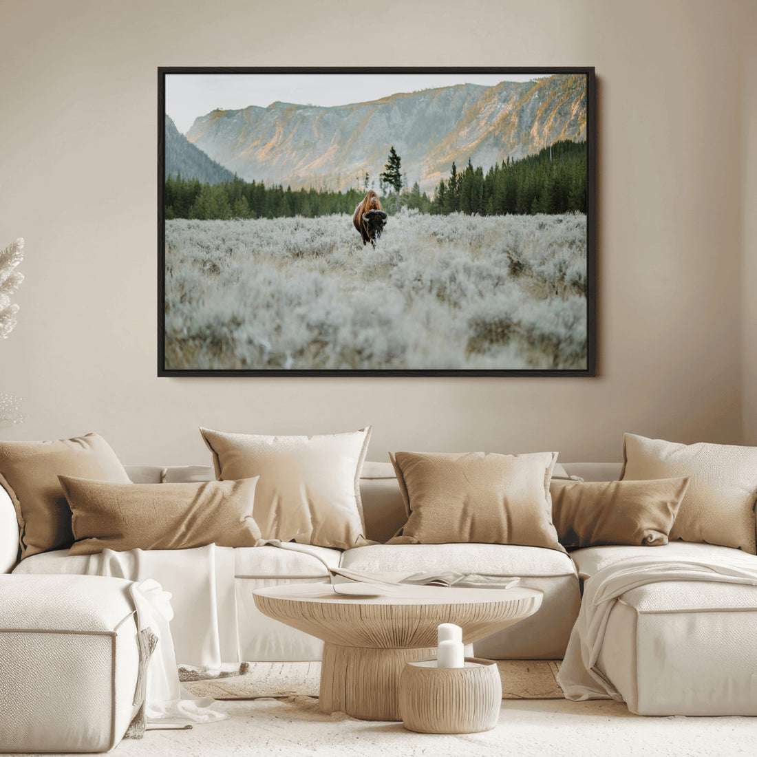 Wild Bison Wall Art Canvas Print, Majestic Mountain Pines and Misty Wilderness