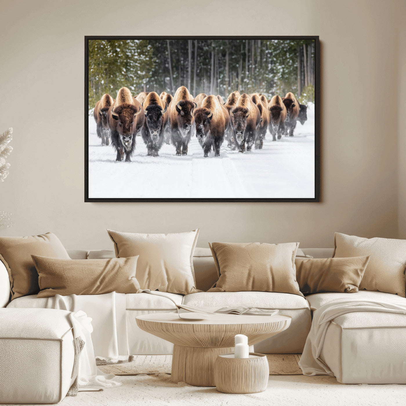 American Bison Herd in Snow Wall Art Canvas Print – Powerful Winter Wildlife Scene with Buffalo in Motion, Perfect for Rustic Lodge or Western Cabin Decor