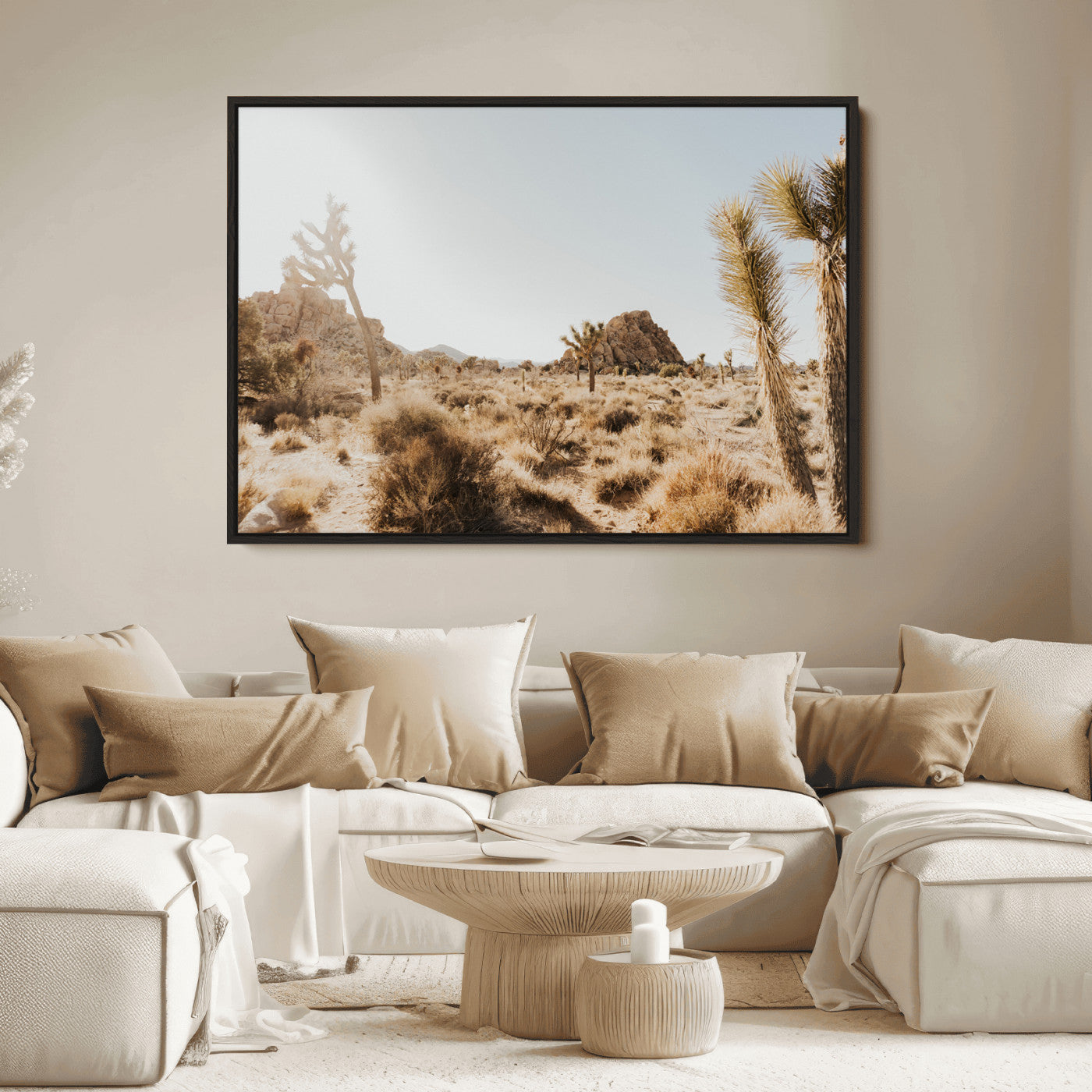 Sunlit desert landscape featuring Joshua trees, rocky formations, and dry bushes under a clear sky.