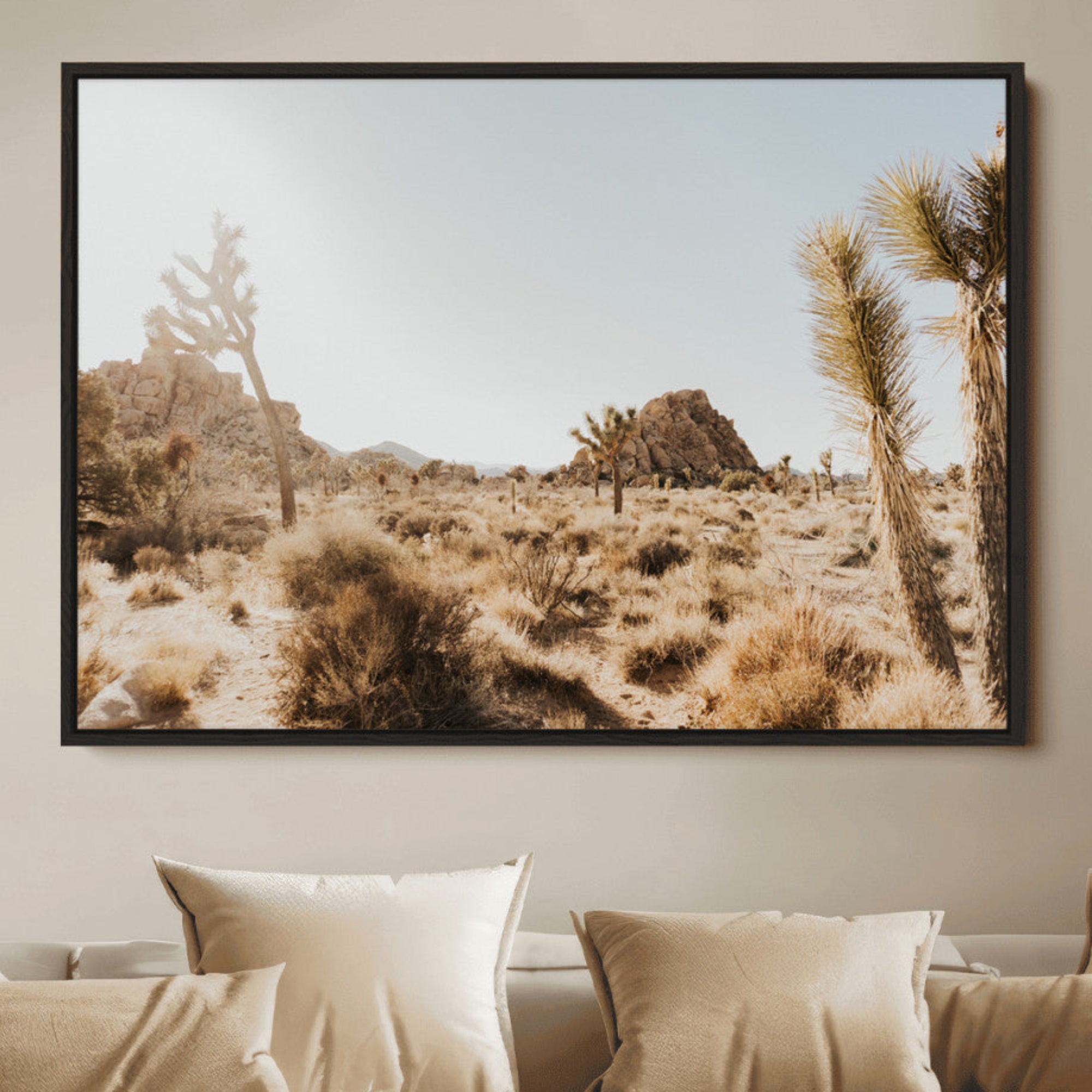 Sunlit desert landscape featuring Joshua trees, rocky formations, and dry bushes under a clear sky.