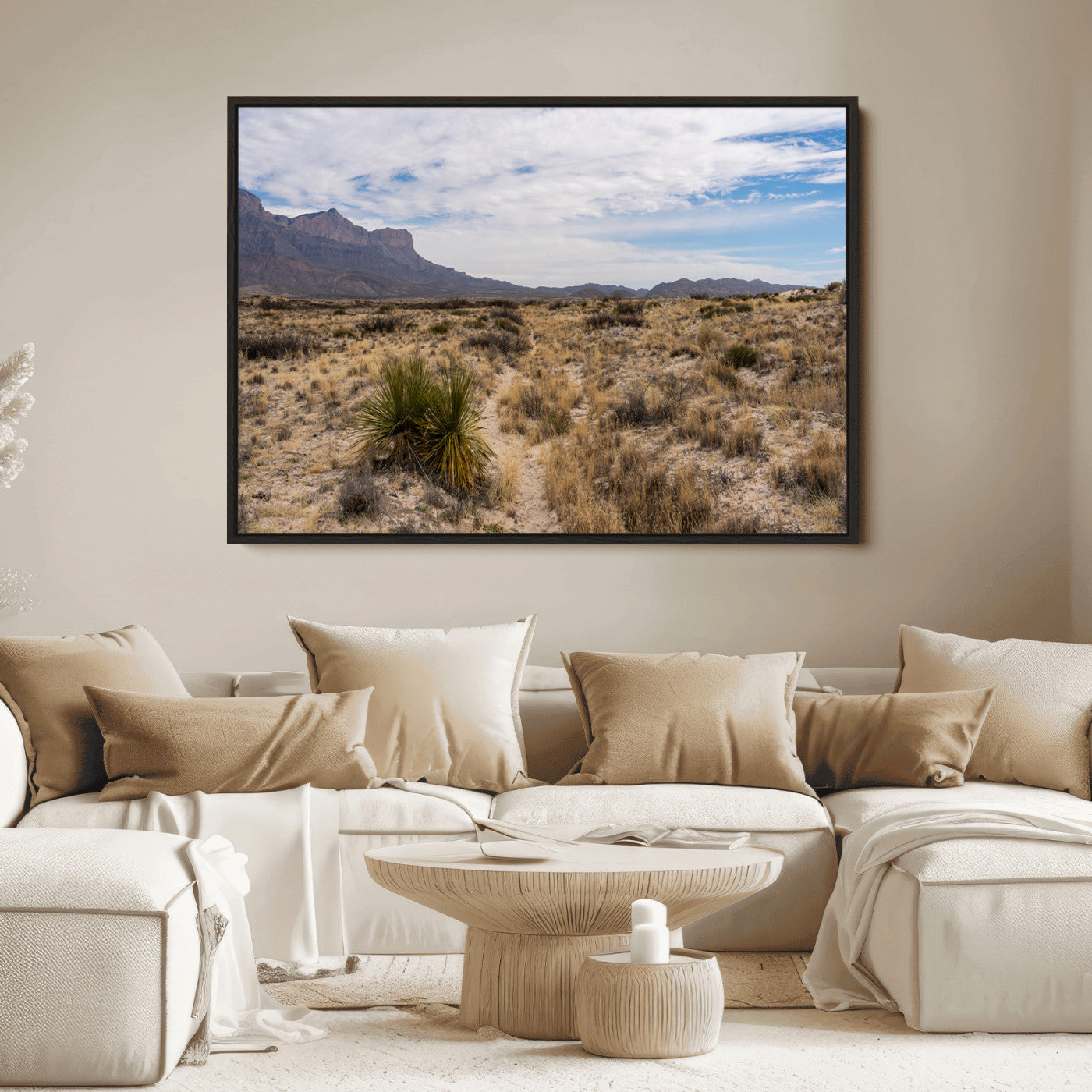 A scenic desert landscape with dry grasses, scattered shrubs, and a distant mountain range under a partly cloudy blue sky.