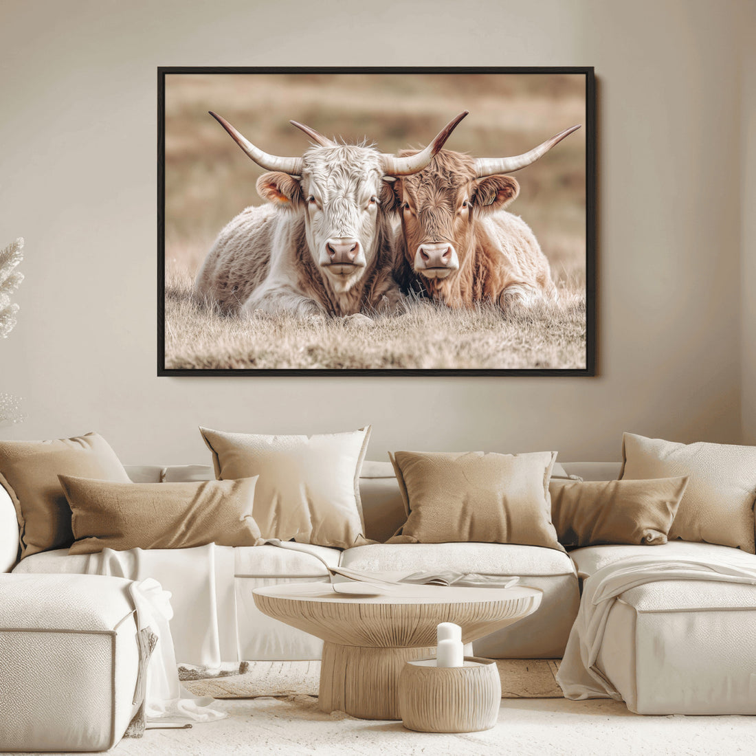 Couple Highland Cows Wall Art Canvas Print, Peaceful Meadow Farmhouse Scene