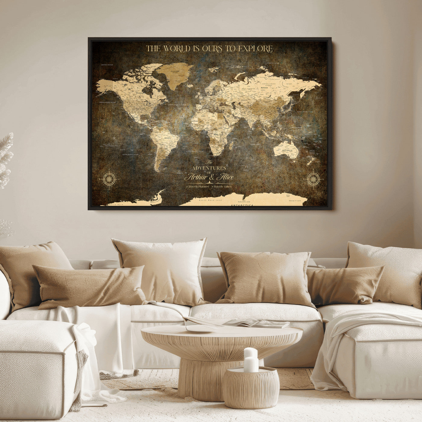 76675404-MGV-CV-36X24-Framed Push Pin World Travel Map – Canvas Wall Art for Tracking Adventures, Decorative Vintage Style Map with Pins for Home or Office - H1