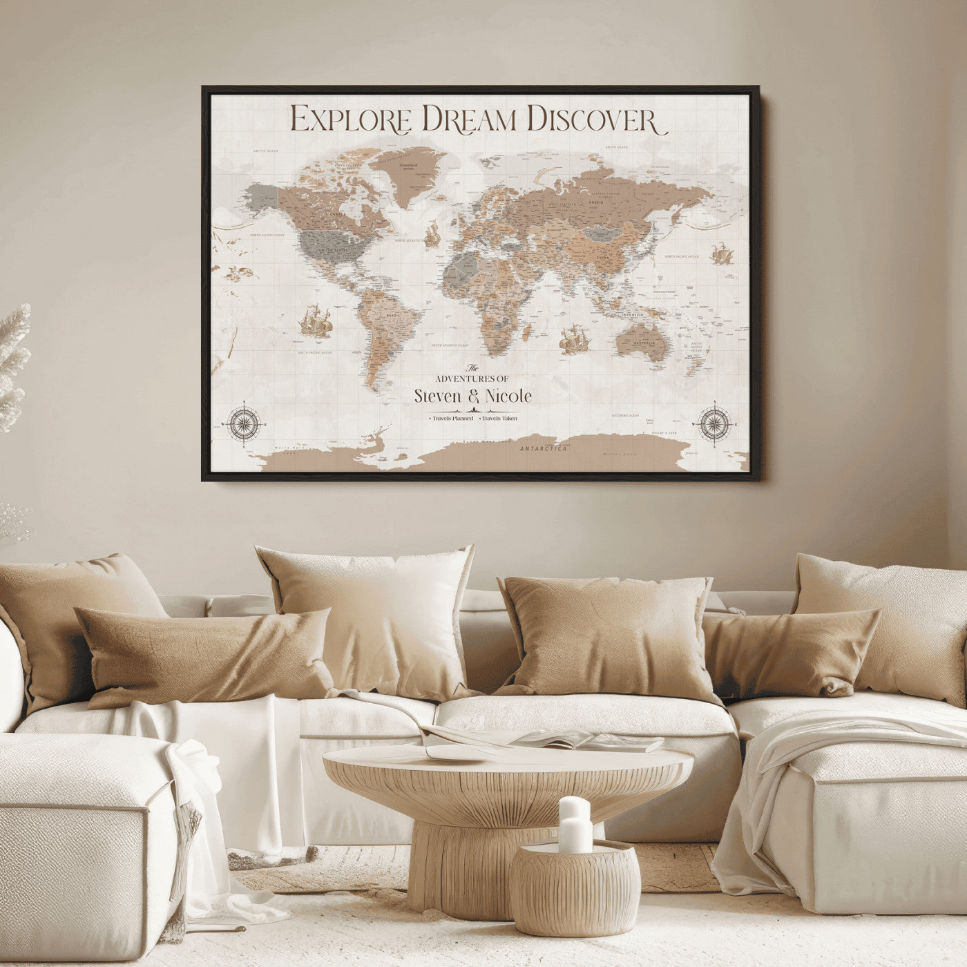 95738134-MGV-CV-36X24-Custom Push Pin World Map Wall Canvas Print – Personalized Travel Tracker with Pins – Framed Large Multi-Size Canvas for Home Office Decor