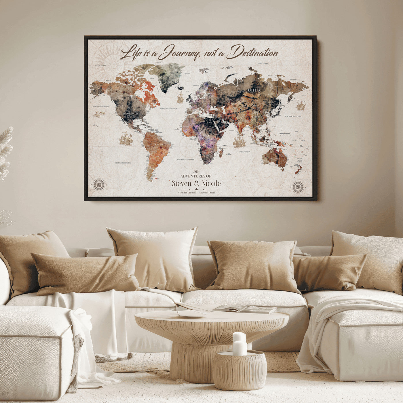 96000140-MGV-CV-36X24-Custom Push Pin World Map Wall Canvas Print – Personalized Travel Tracker with Pins – Framed Large Multi-Size Canvas for Home Office Decor