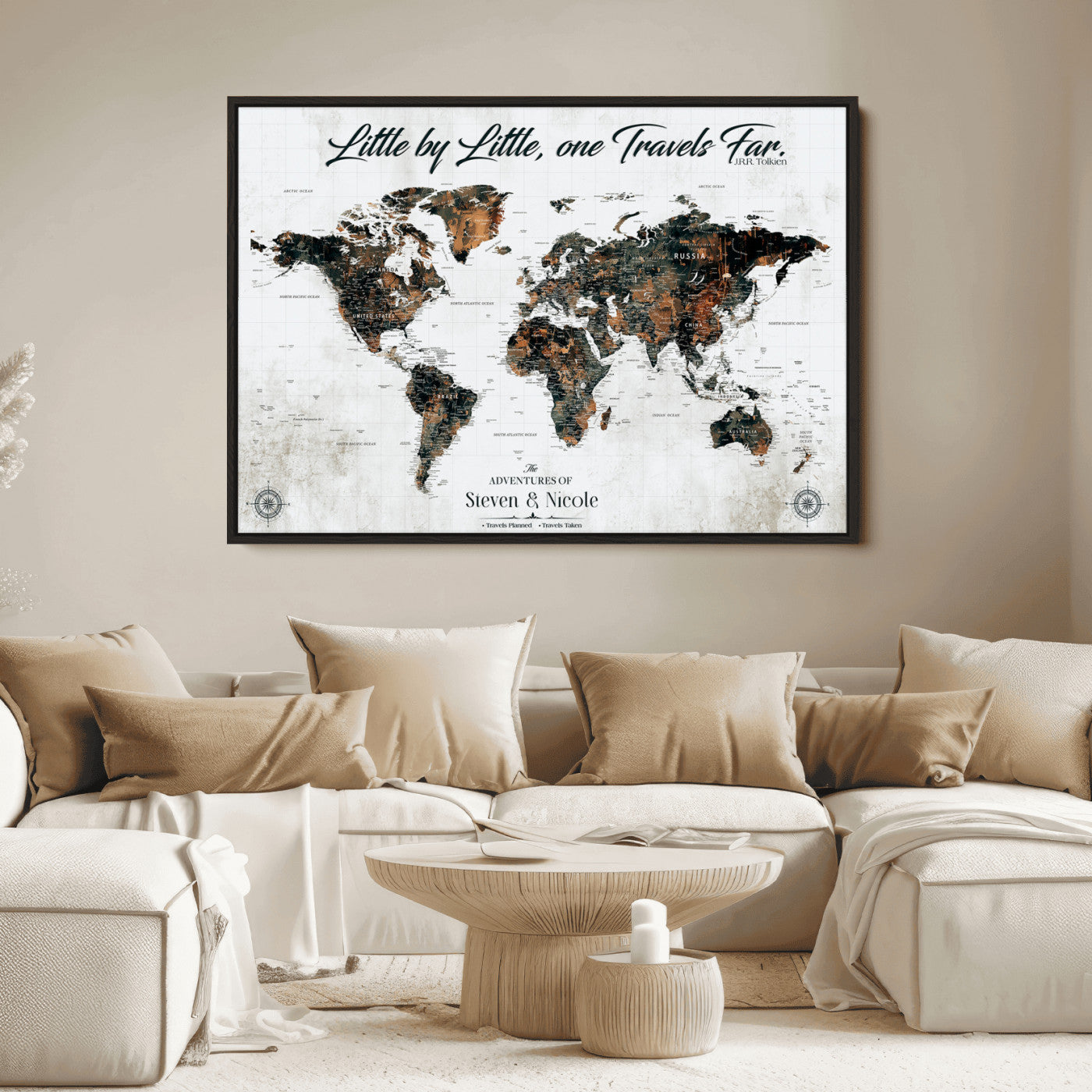 89231588-MGV-CV-36X24-Custom Push Pin World Map Wall Canvas Print – Personalized Travel Tracker with Pins – Framed Large Multi-Size Canvas for Home Office Decor