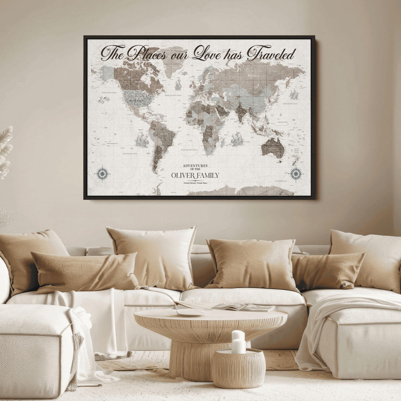 88245481-MGV-CV-36X24-Custom Push Pin World Map Wall Canvas Print – Personalized Travel Tracker with Pins – Framed Large Multi-Size Canvas for Home Office Decor