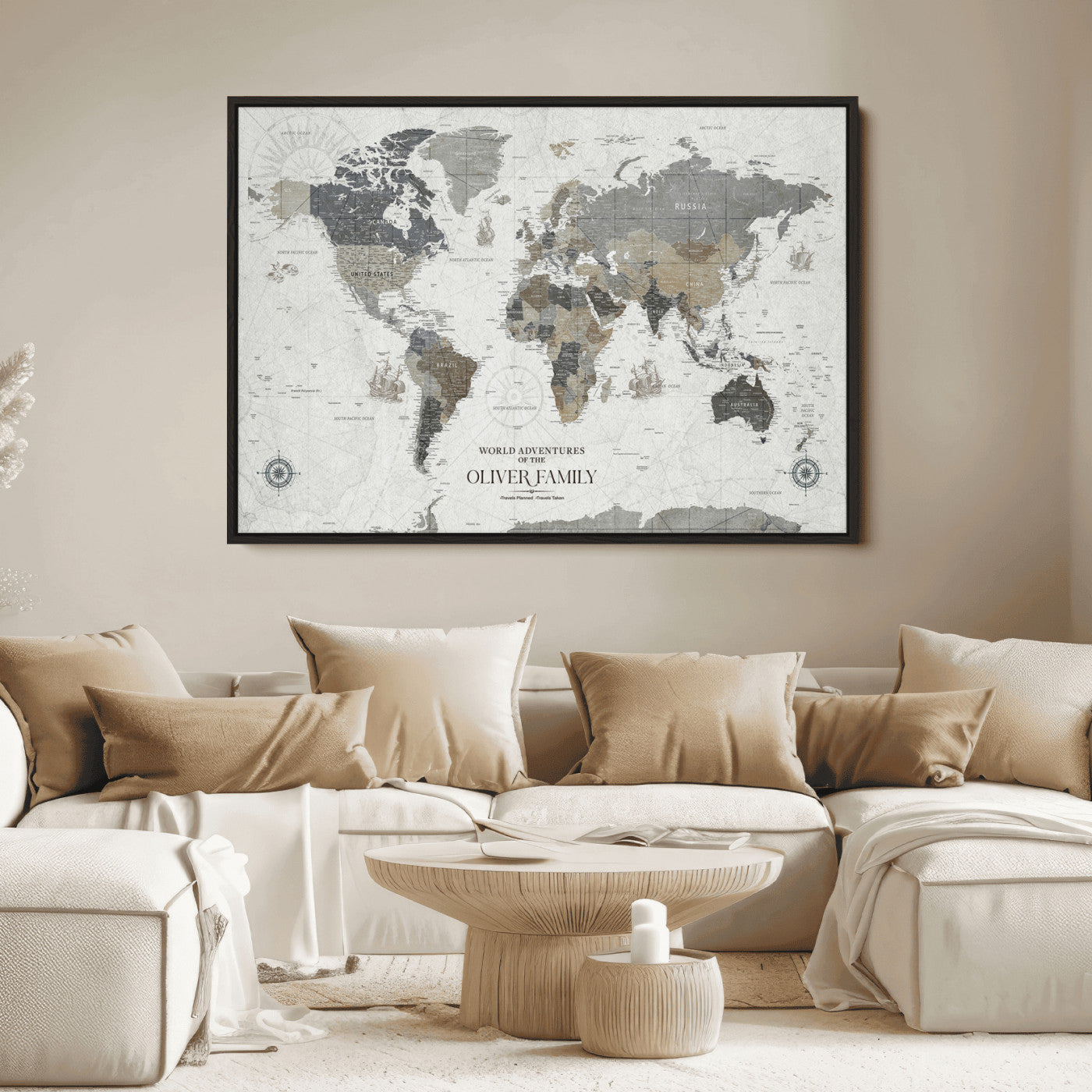 24596128-MGV-CV-36X24-Custom Push Pin World Map Wall Canvas Print – Personalized Travel Tracker with Pins – Framed Large Multi-Size Canvas for Home Office Decor