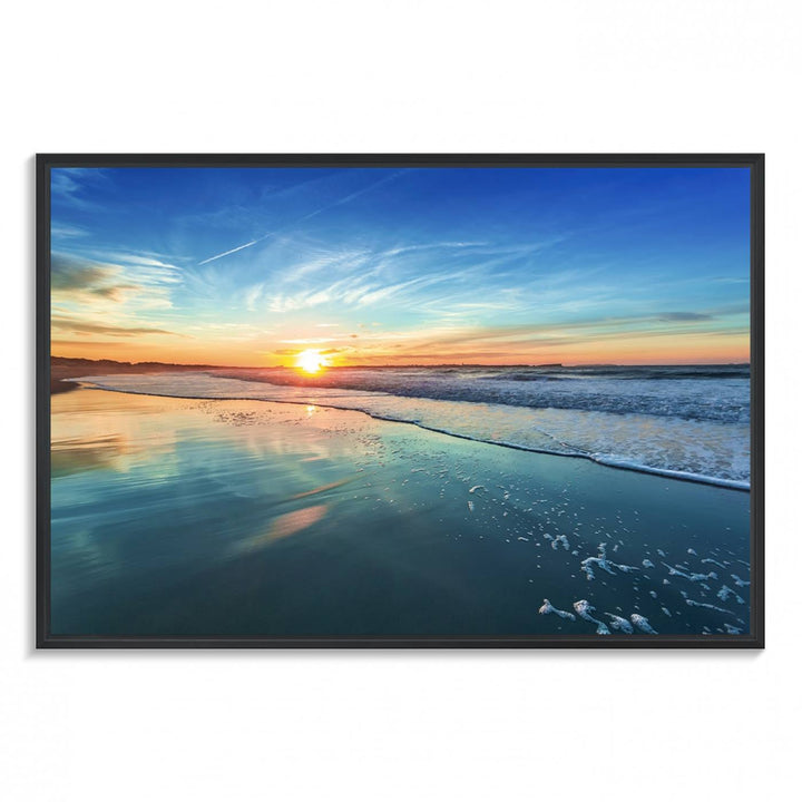 The Blue Sky and Beach Wall Art Canvas Print features a vibrant orange sky reflecting on wet sand.